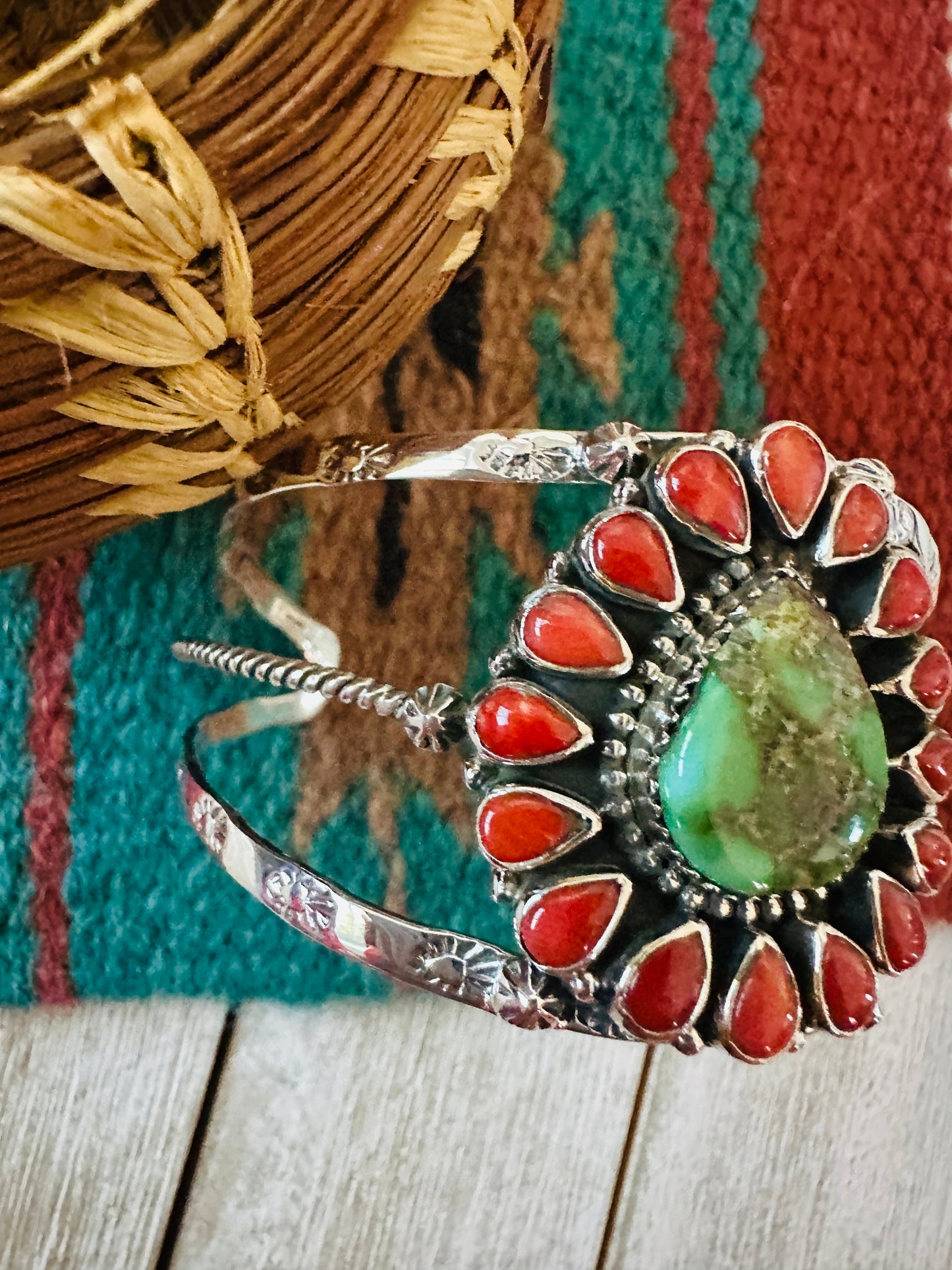 ** Christmas Collection ** Handmade Sterling Silver, Turquoise & Coral Cuff Bracelet Signed Nizhoni