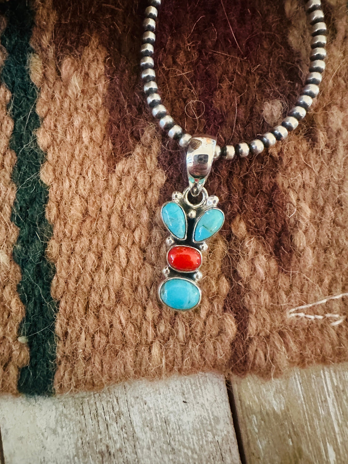** Christmas Collection ** Handmade Sterling Silver, Coral & Turquoise Pendant Signed Nizhoni