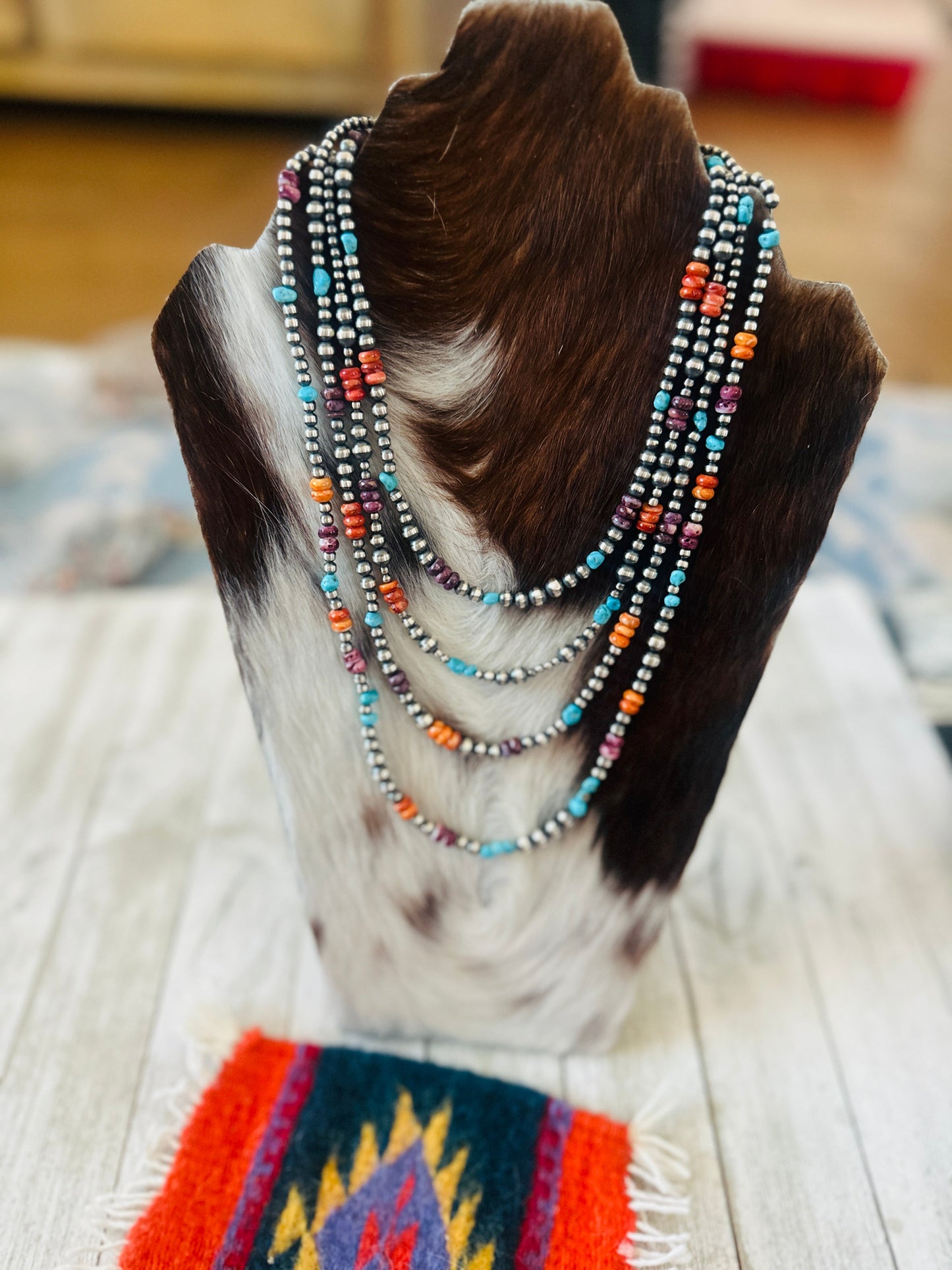 Navajo Sterling Silver, Spiny Oyster & Turquoise Beaded Necklace