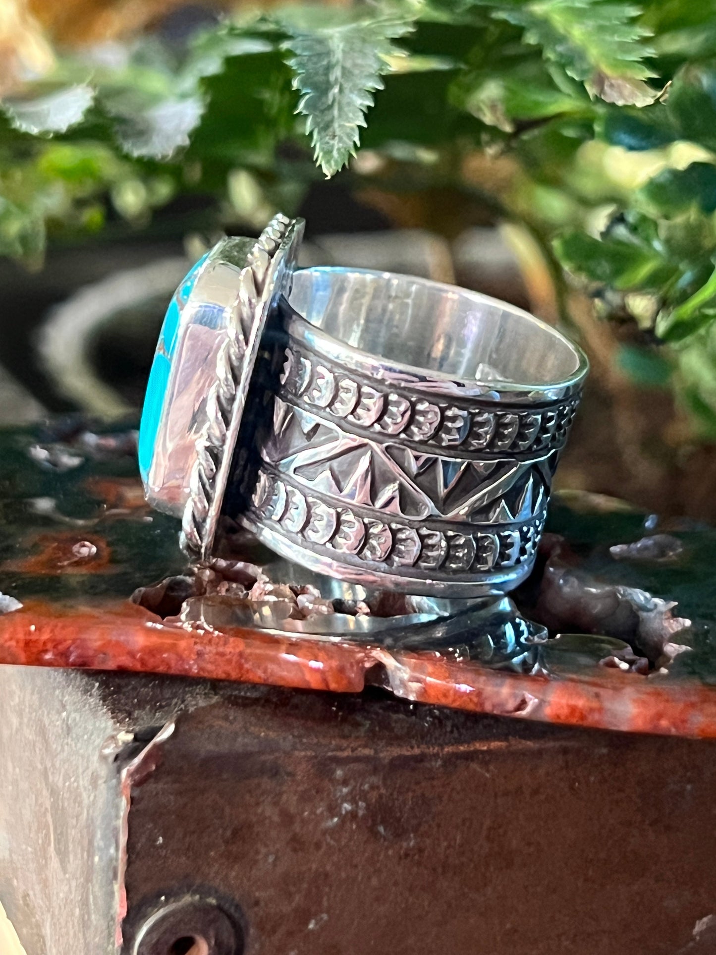 Native Made Hand Stamped Sterling Silver Wide Shank Ring with Egyptian Turquoise by Shaun Rogers, Size 9