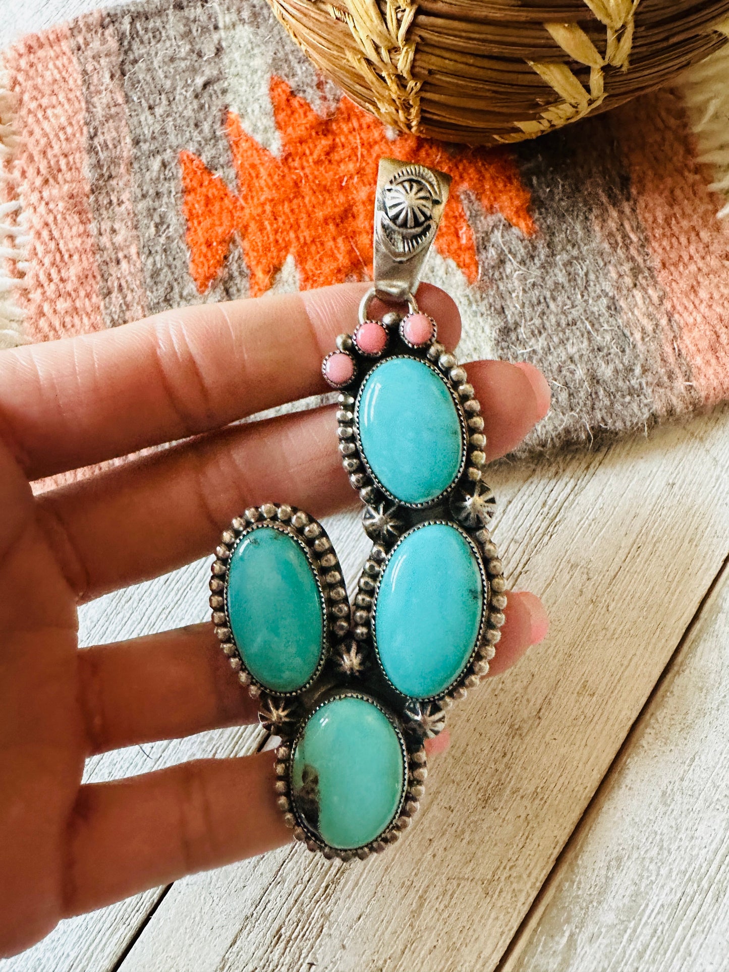 Navajo Turquoise, Queen Pink Conch and Sterling Silver Cactus Pendant