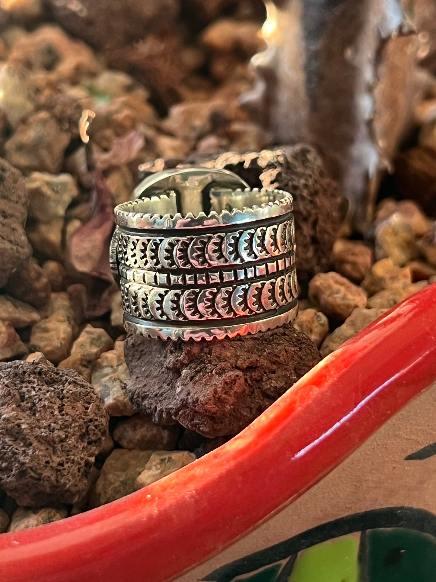 Native Made Sterling Silver Wide Shank Ring with Egyptian Turquoise by Shaun Rogers, Size 8.25