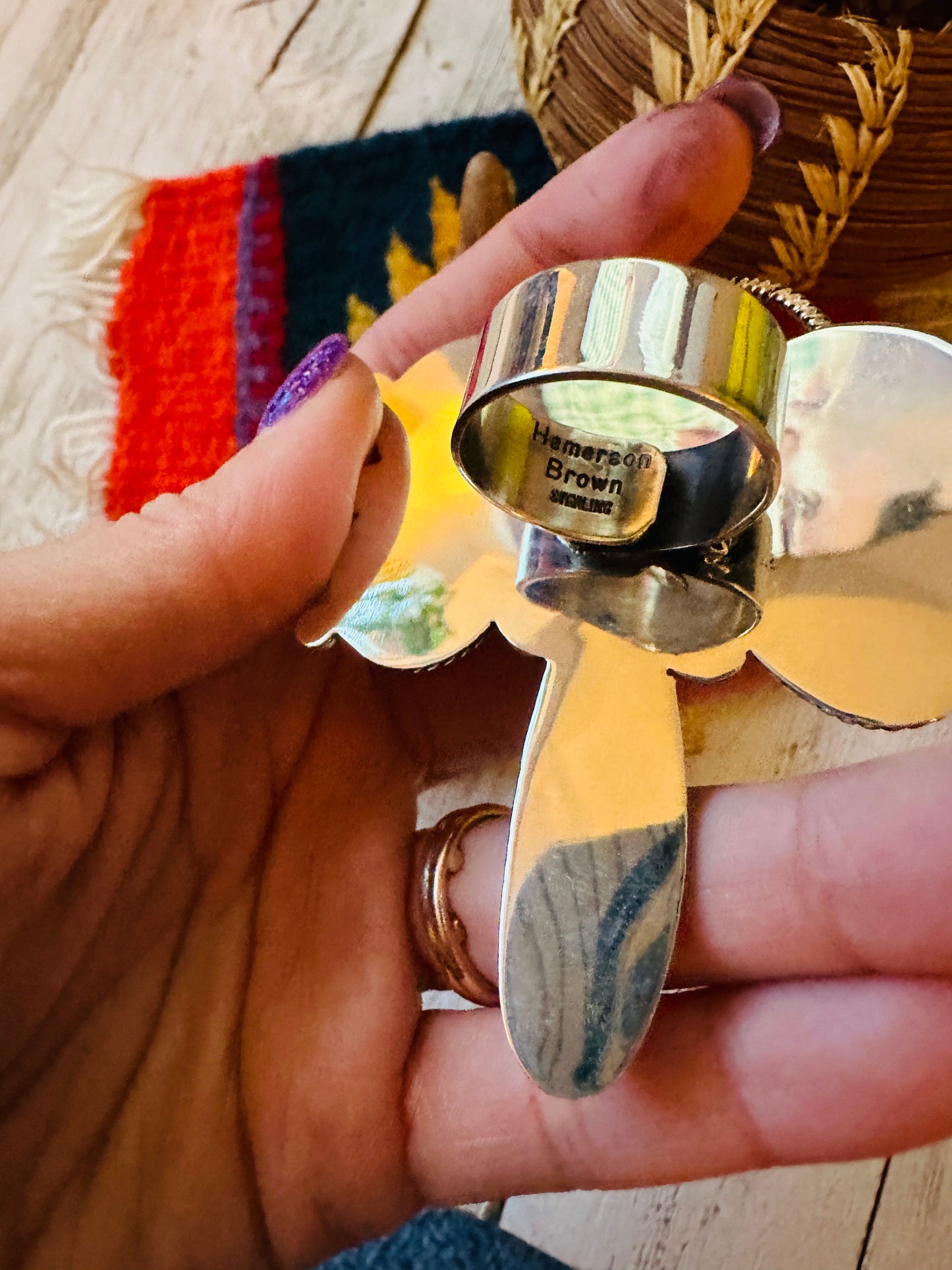 Navajo Sterling Silver and Queen Pink Conch Shell Dragonfly Adjustable Ring