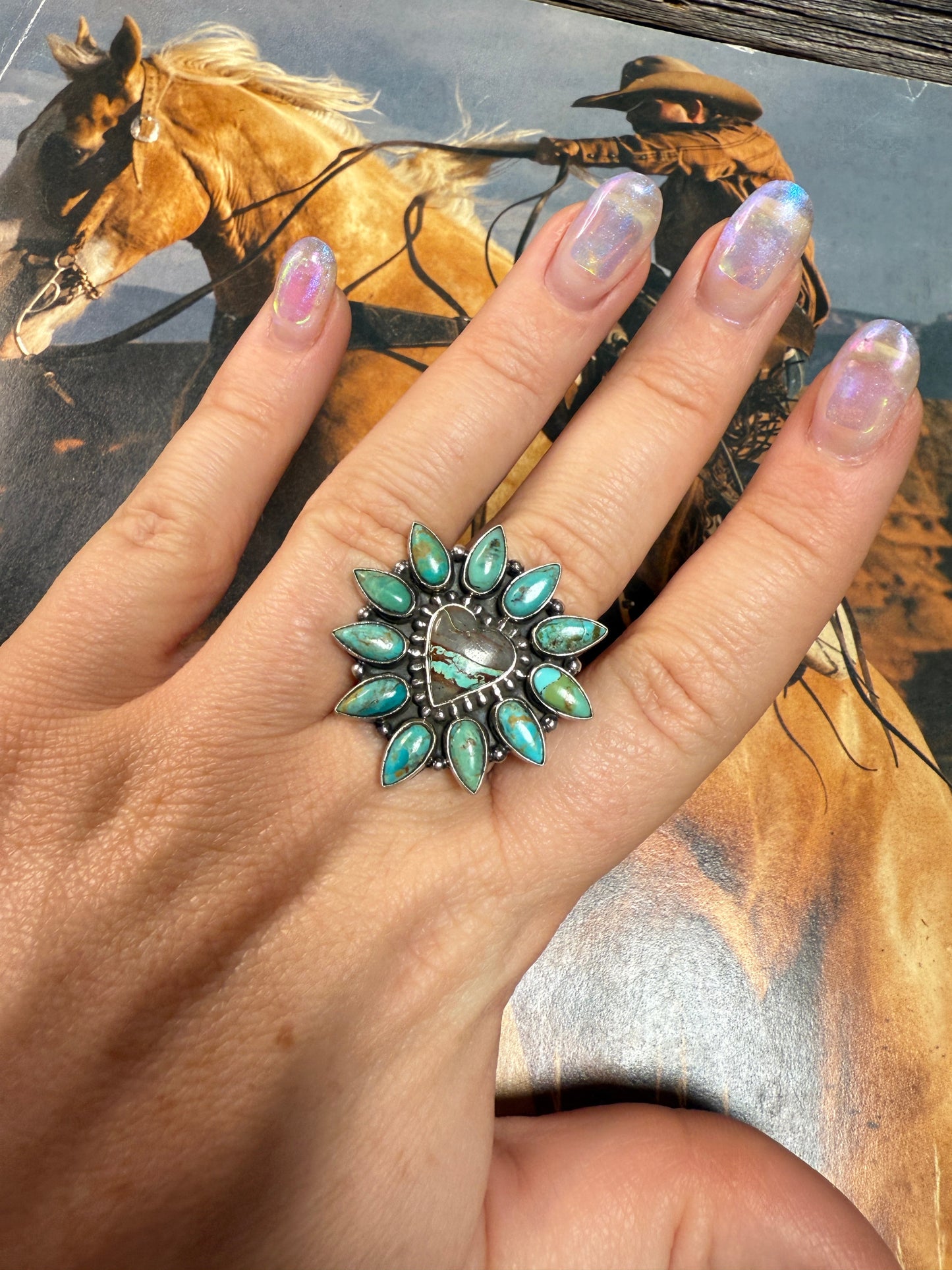 Handmade Sterling Silver, Kingman Turquoise, Ribbon Turquoise Adjustable Heart Ring
