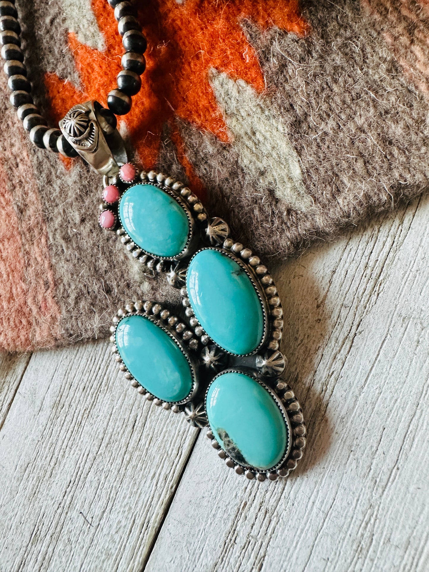 Navajo Turquoise, Queen Pink Conch and Sterling Silver Cactus Pendant