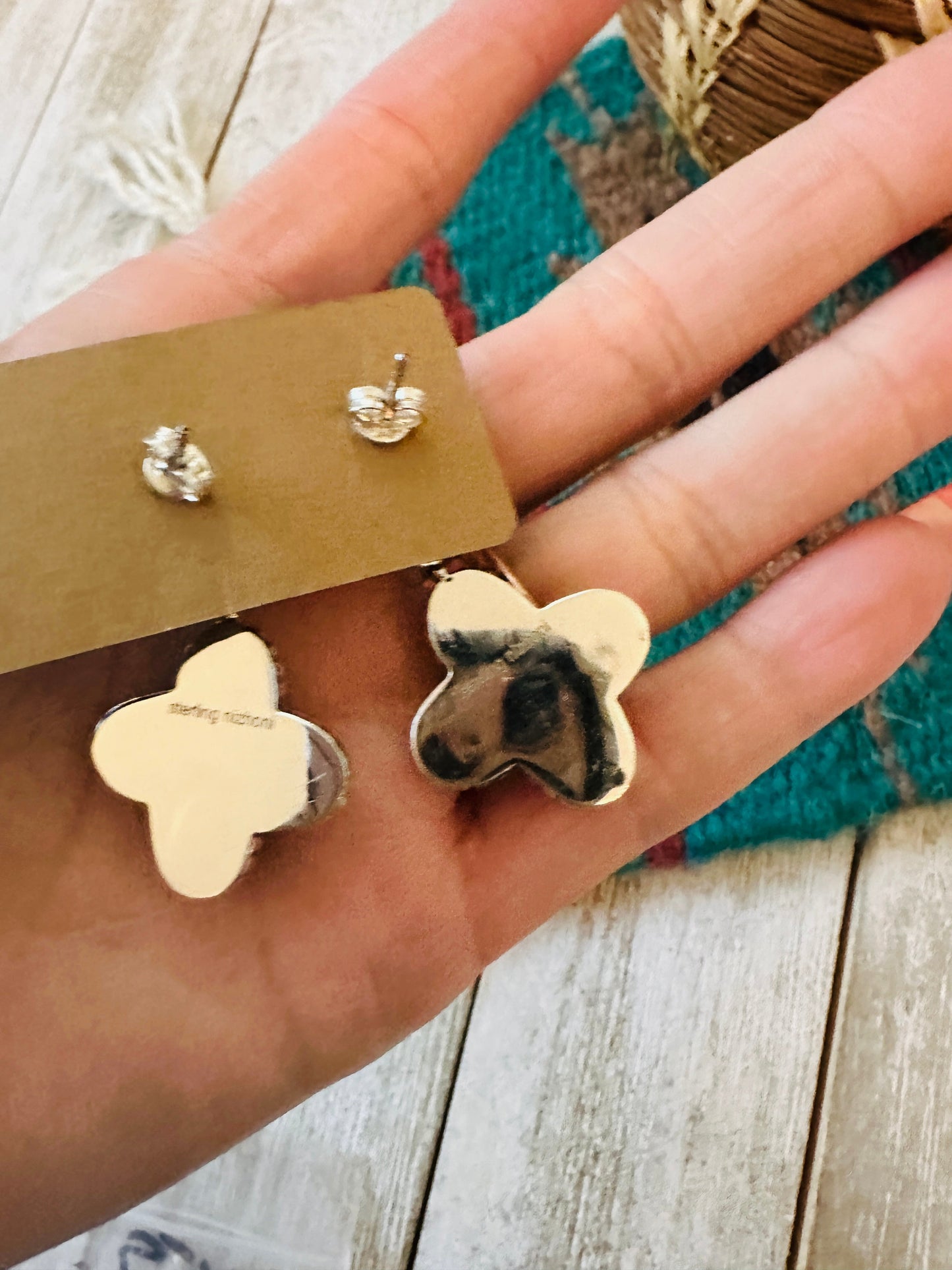 ** Christmas Collection ** Handmade Sterling Silver & Mother of Pearl Dangle Earrings Signed Nizhoni