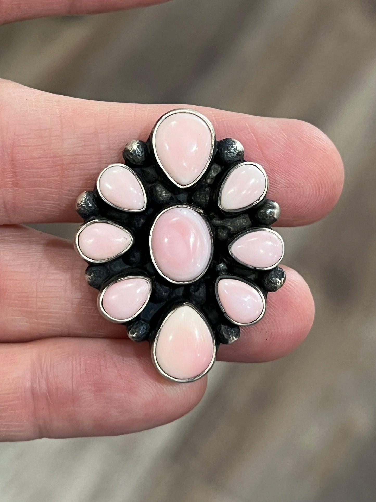 Navajo Sterling Silver and Queen Pink Conch Shell Cluster Ring by Travis Jim