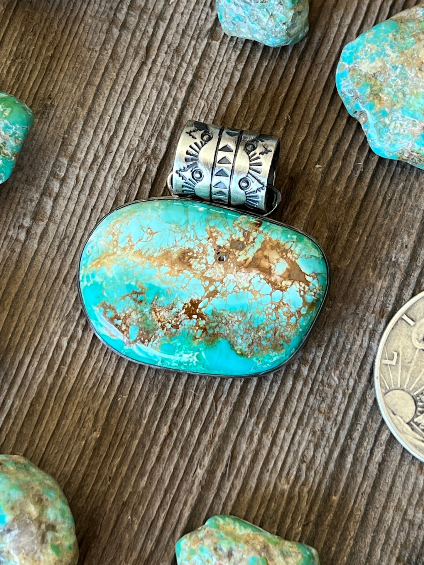 Navajo Sterling Silver and Sonoran Turquoise Solo Pendant by Angela Martin