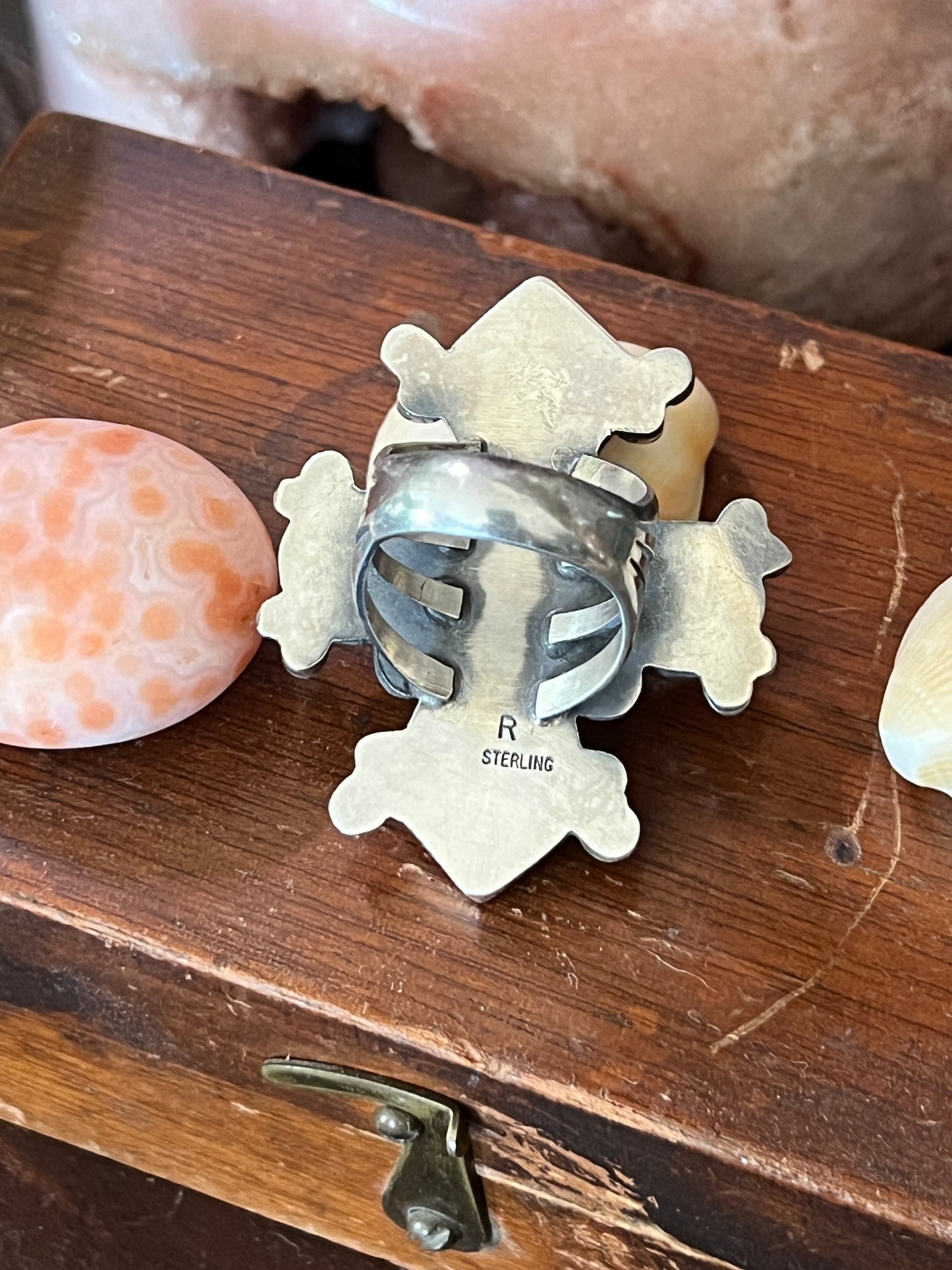 Apache Sterling Silver and Orange Spiny Oyster Shell Intuition Ring, Size 8