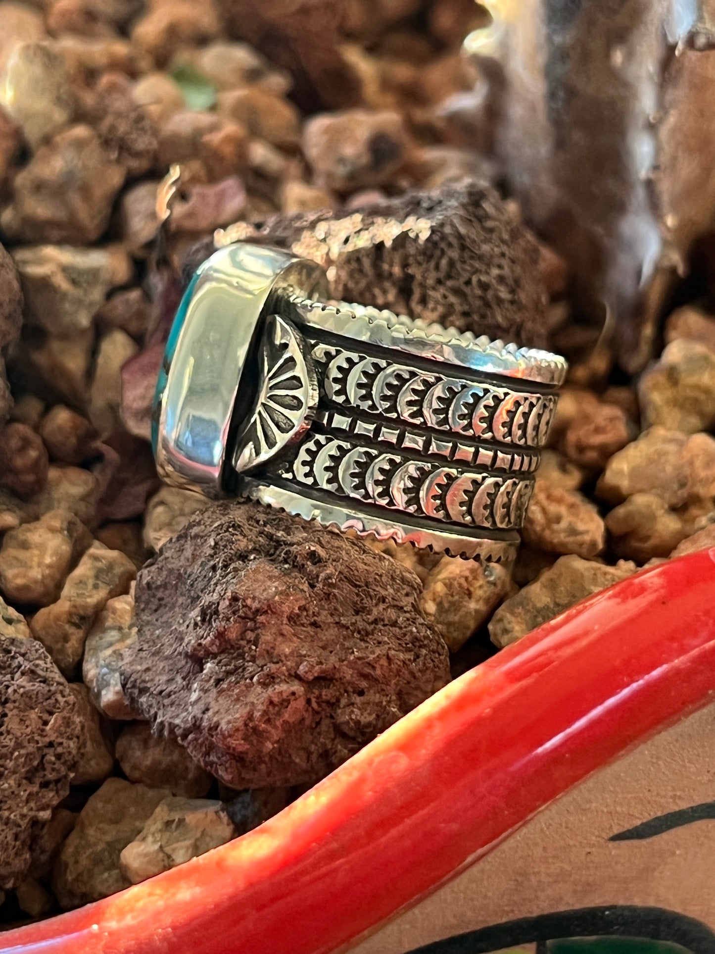 Native Made Sterling Silver Wide Shank Ring with Egyptian Turquoise by Shaun Rogers, Size 8.25