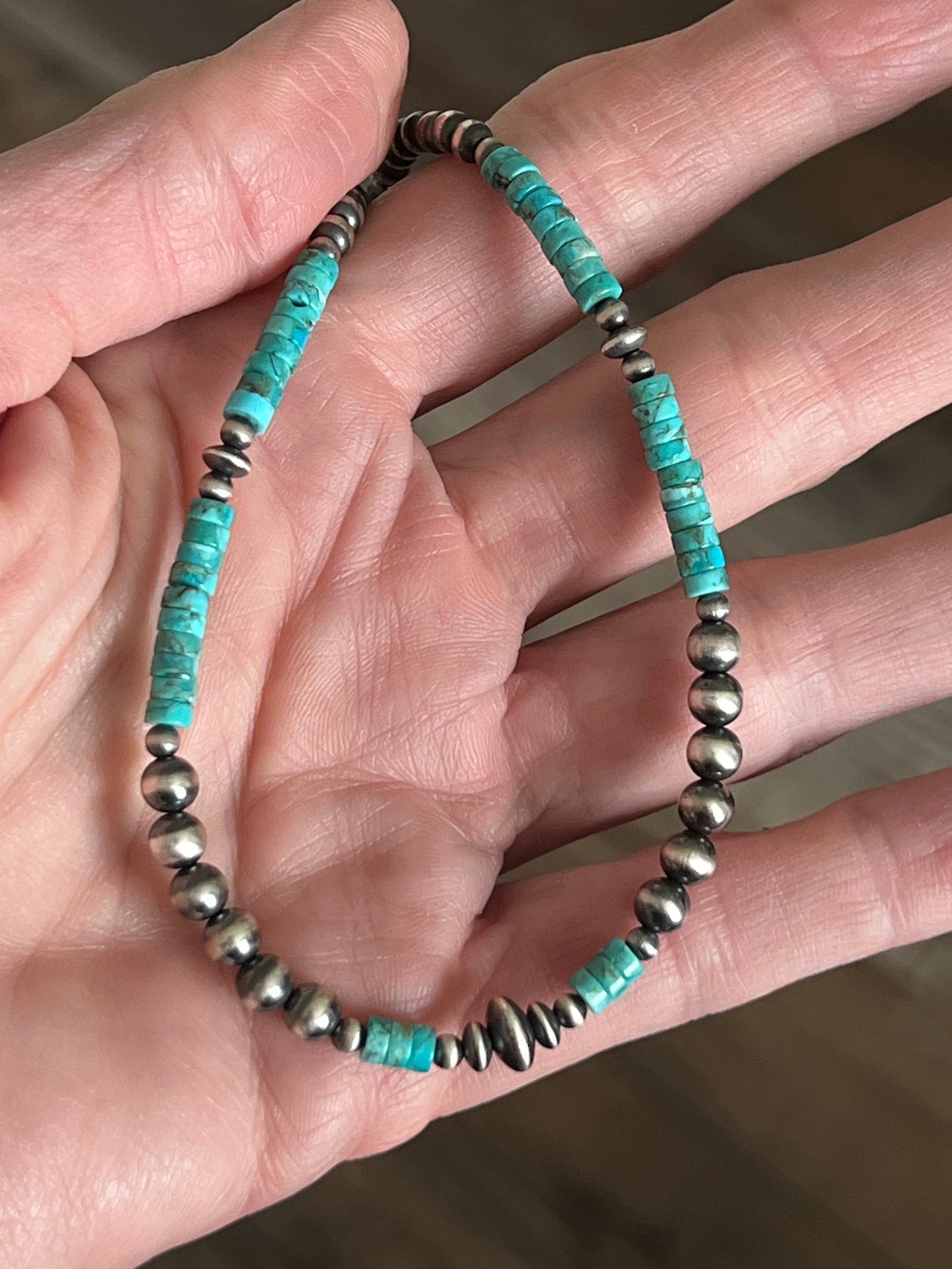 Summer Lovin’ Navajo Beaded Layering Necklace with Sterling Silver and Turquoise, 15” + 2”, The Wave Runner