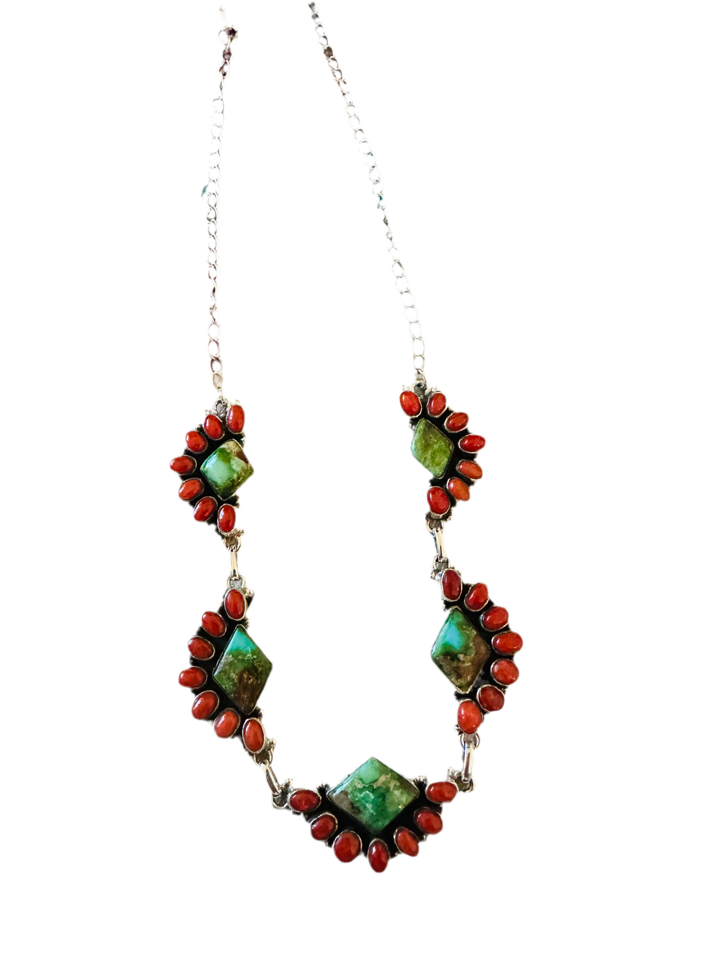 ** Christmas Collection ** Handmade Sterling Silver, Turquoise & Coral Necklace Signed Nizhoni