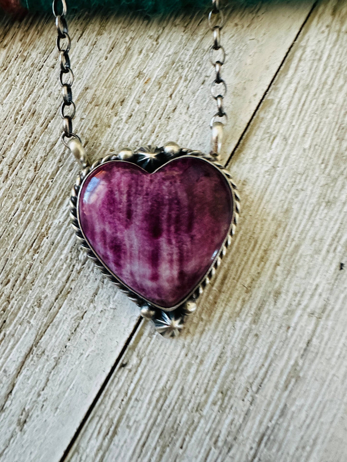 Navajo Sterling Silver & Purple Spiny Heart Necklace