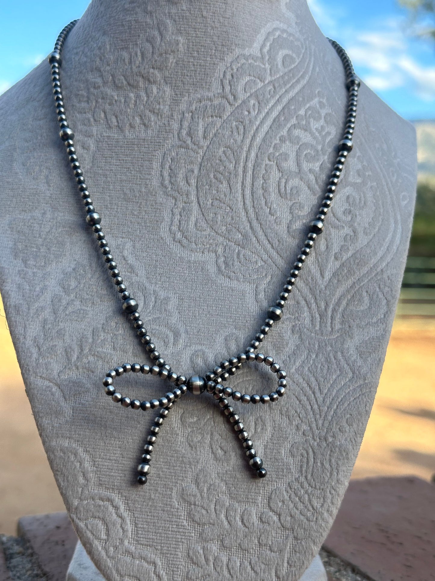 Navajo Made 4-6mm Sterling Silver Pearl Beaded Bow Tie Necklaces