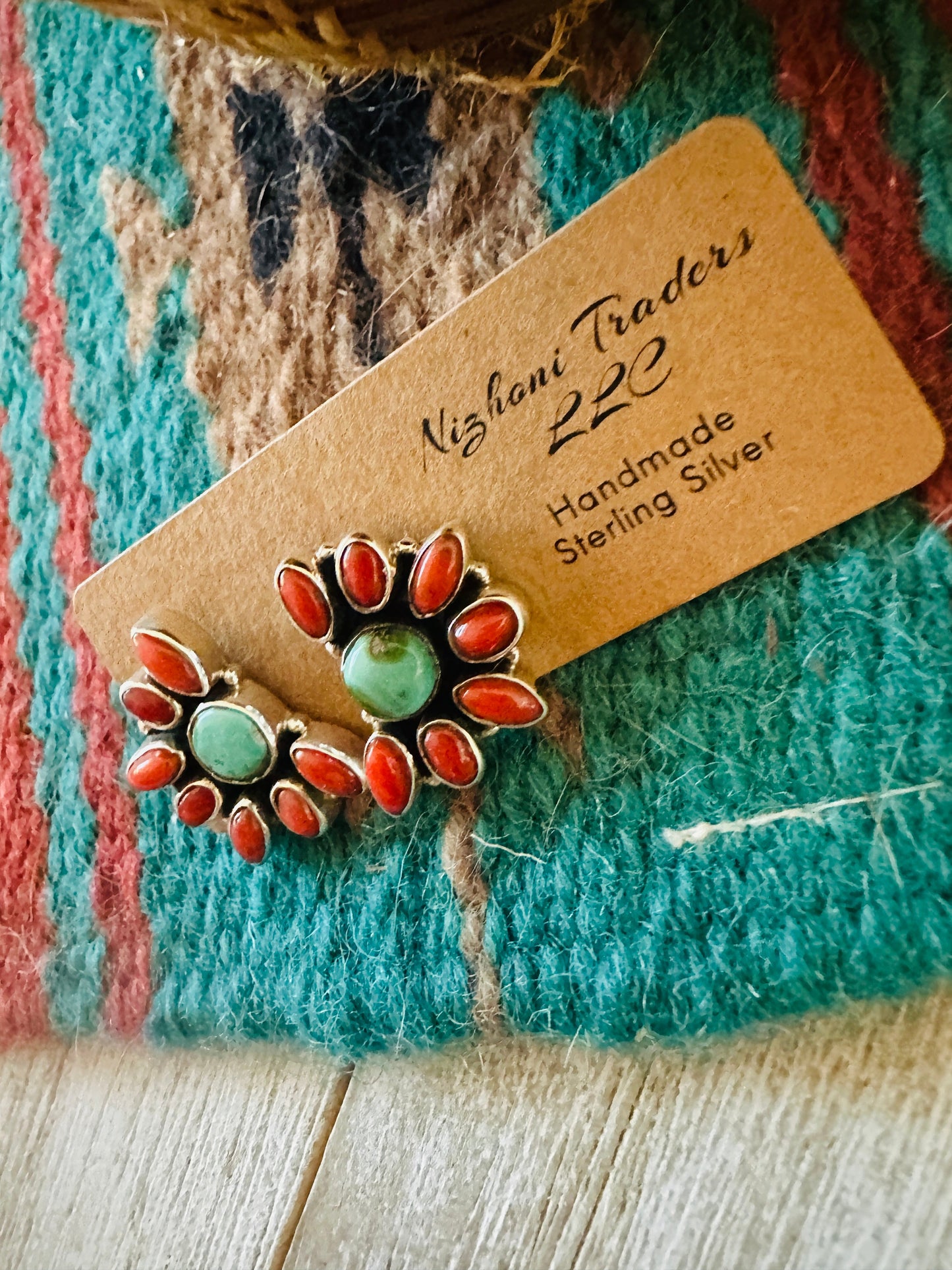 ** Christmas Collection ** Handmade Sterling Silver, Coral & Turquoise Cluster Earrings Signed Nizhoni