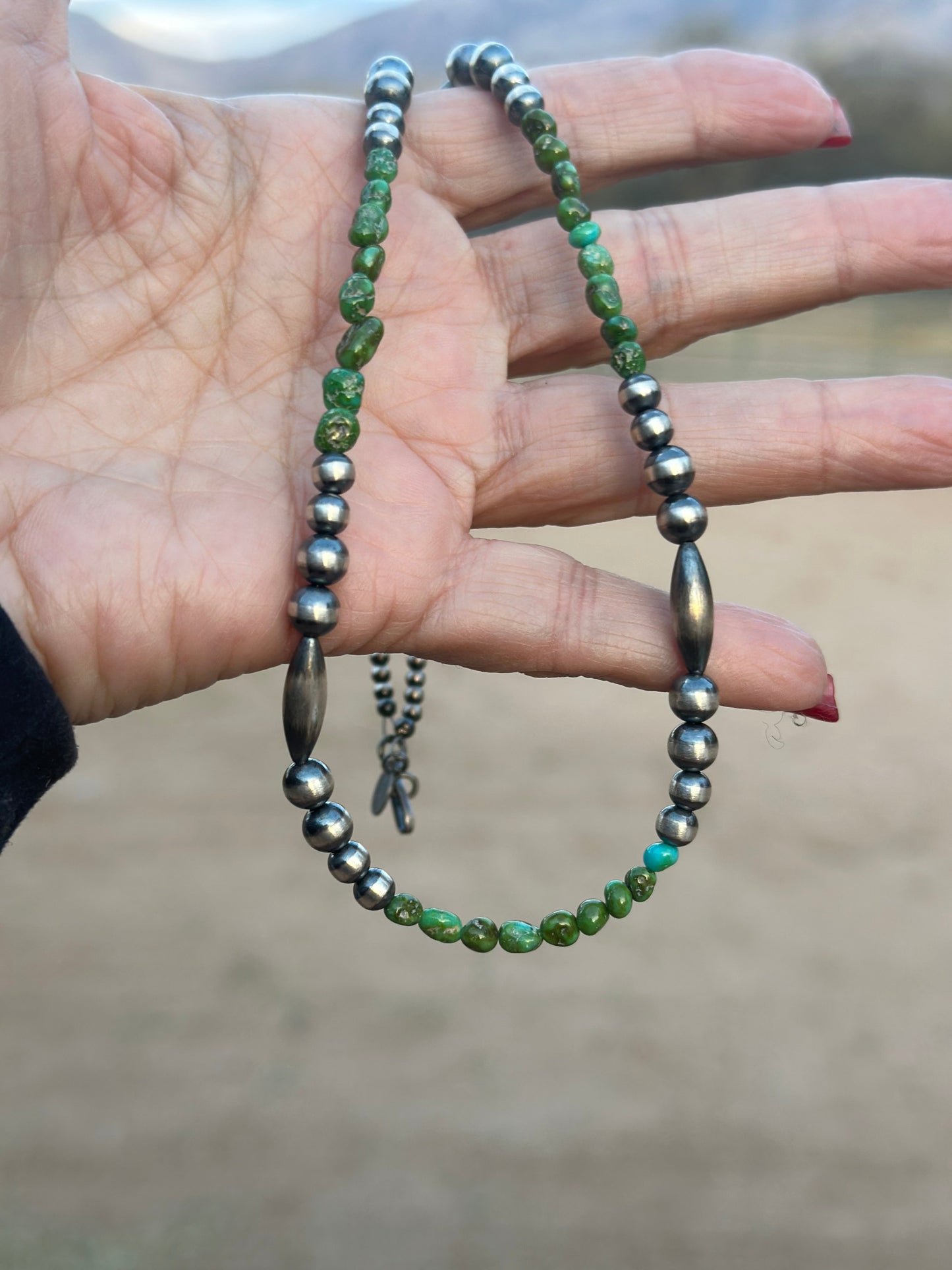 Navajo Sterling Silver Navajo Style Pearls with Royston Turquoise 20”