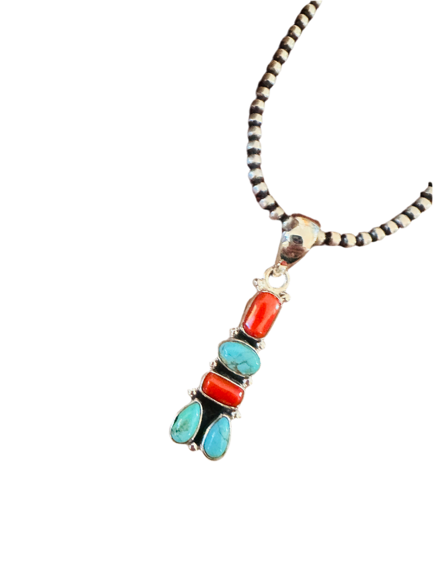 ** Christmas Collection ** Handmade Sterling Silver, Coral & Turquoise Pendant Signed Nizhoni