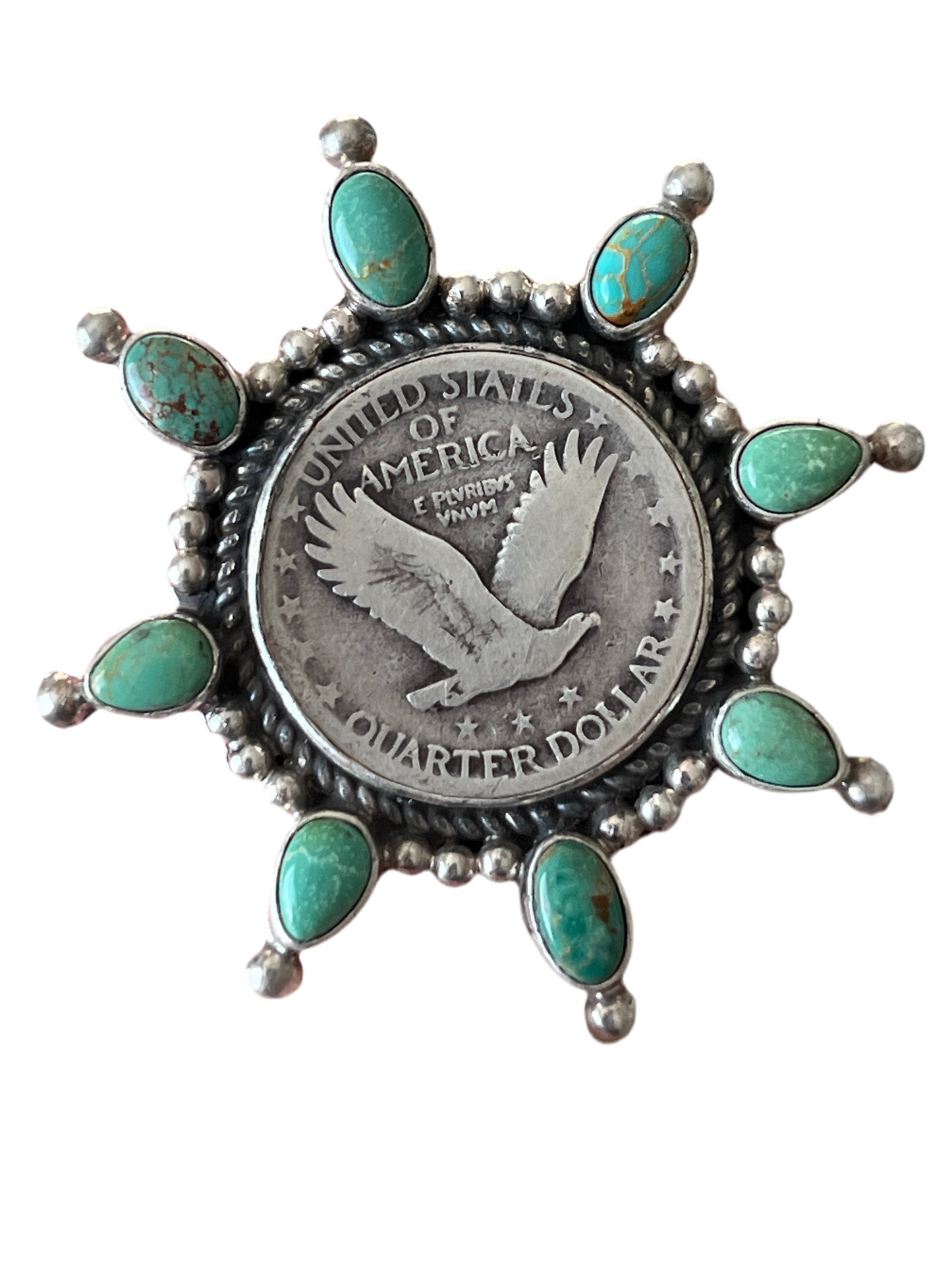 Rosella Paxson Sterling Silver, Liberty Quarter and Hubei Turquoise Cluster Ring, Size 7.25
