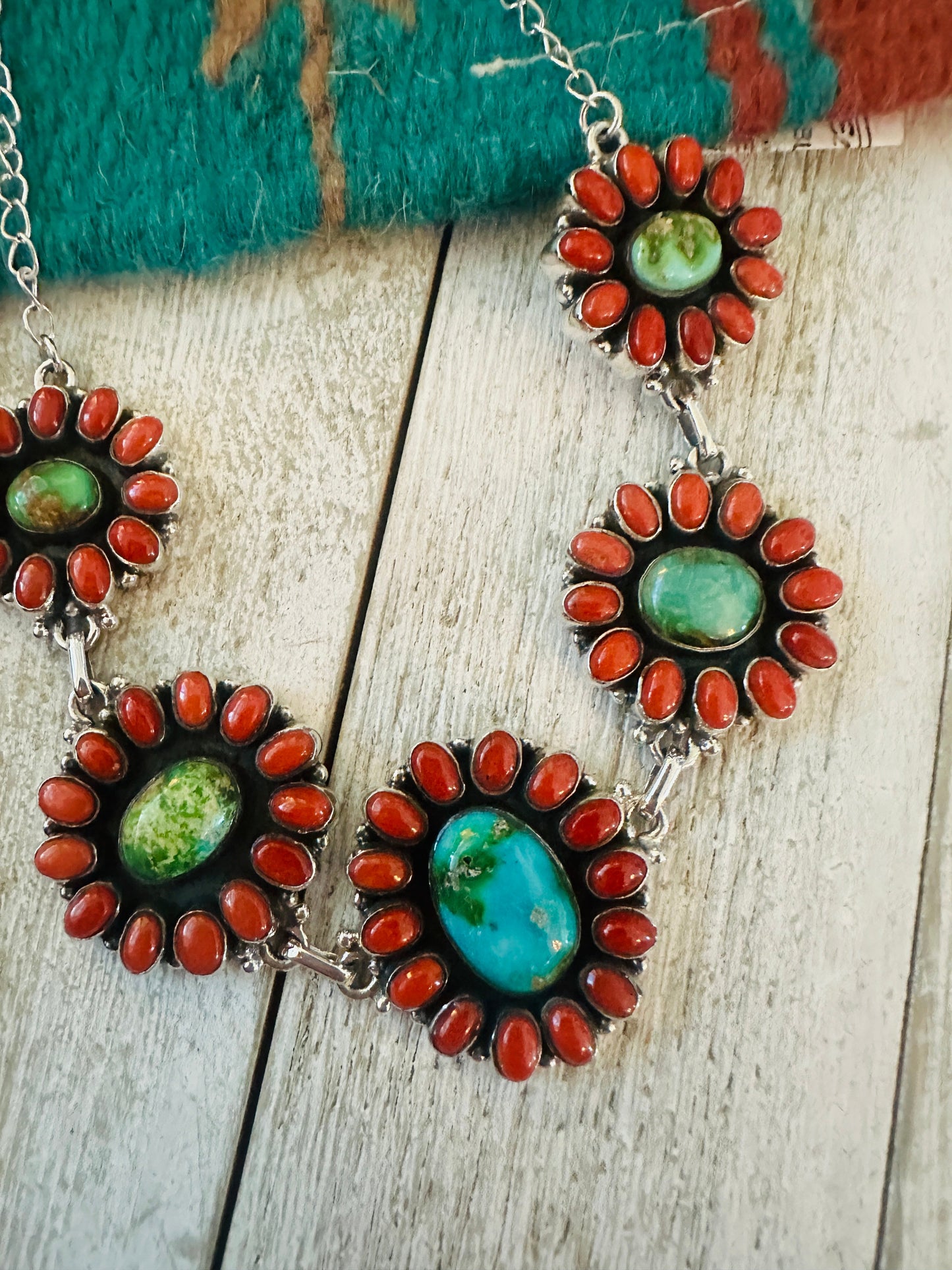 ** Christmas Collection ** Handmade Sterling Silver, Turquoise & Coral Necklace Signed Nizhoni