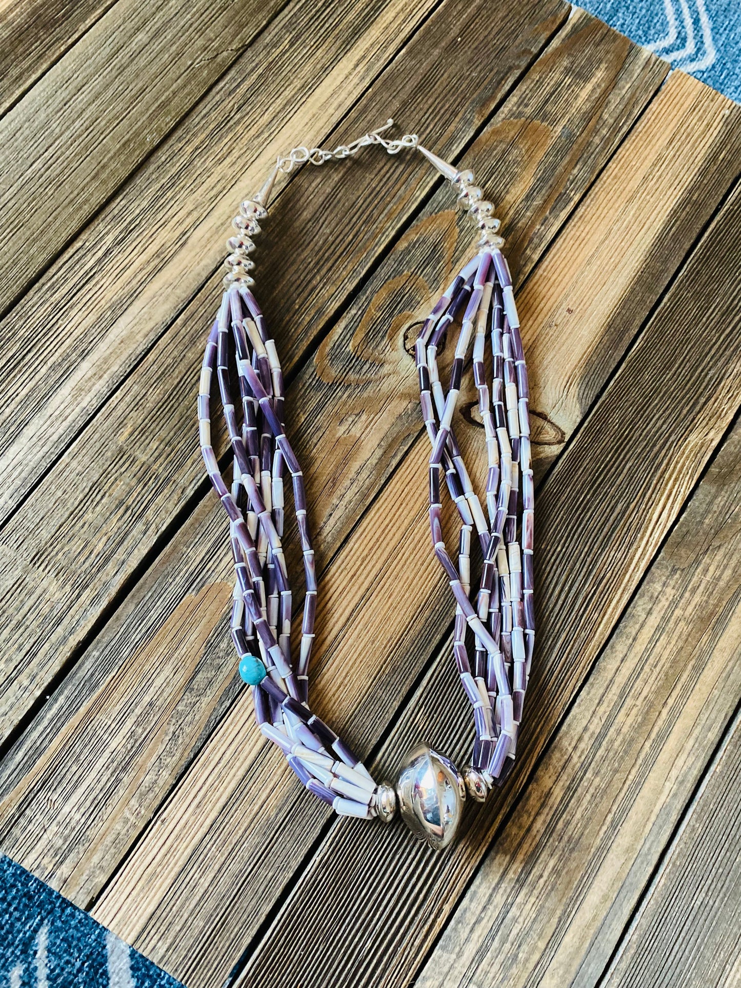 Navajo Sterling Silver, Wampum (Quahog Shell) & Turquoise Beaded Necklace