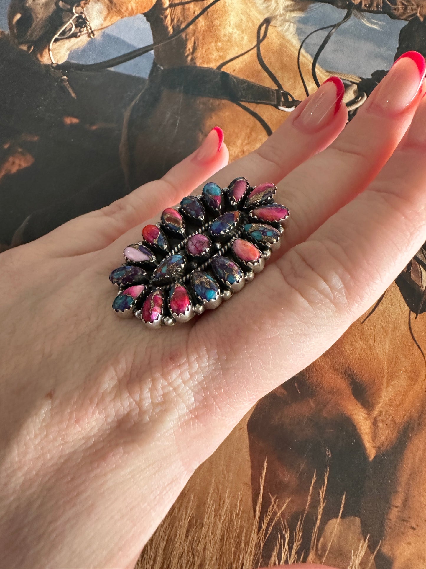 THE SILVERTON Beautiful Handmade Pink Dream Mojave And Sterling Silver Adjustable Cluster Ring