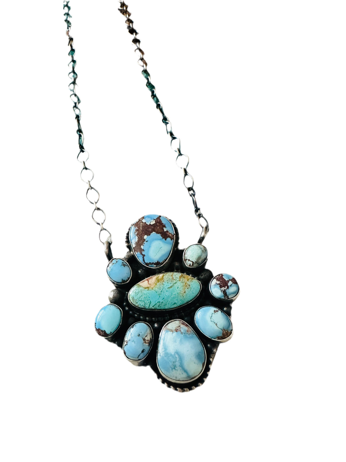 Navajo Sterling Silver & Golden Hills Turquoise Cluster Necklace
