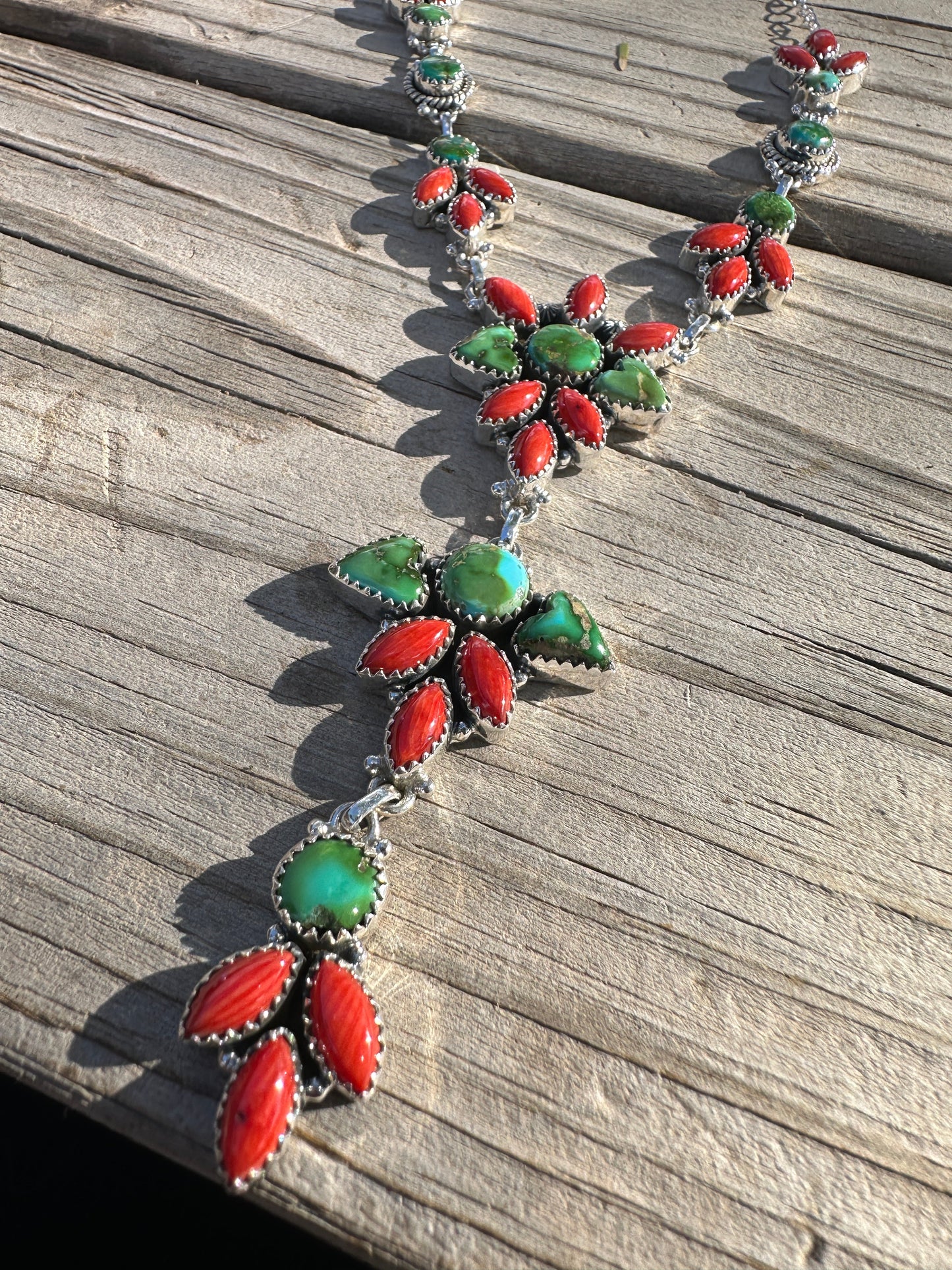 Beautiful Handmade Sterling Silver, Coral & Sonoran Turquoise Lariat Necklace