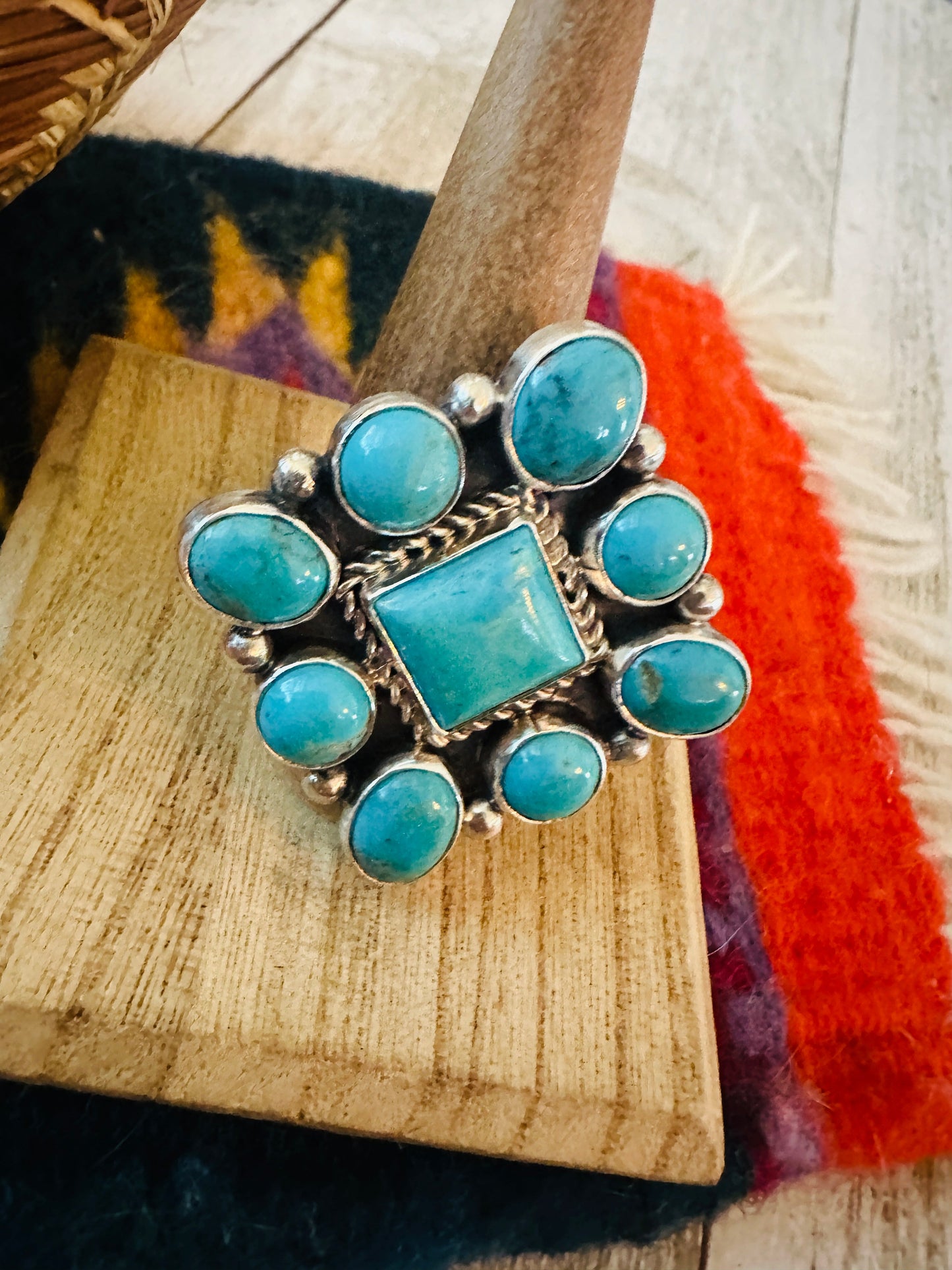 Navajo Sterling Silver & Turquoise Cluster Adjustable Ring