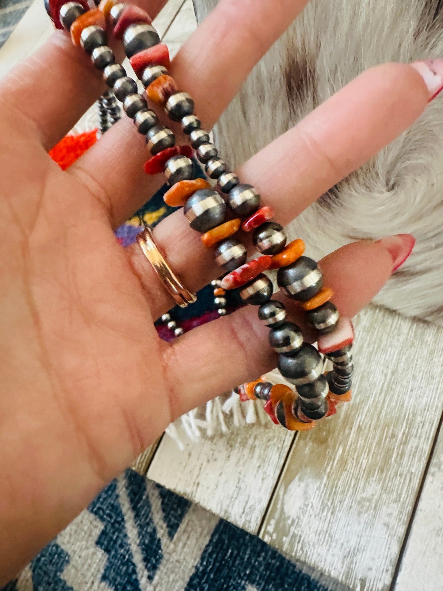 Navajo Sterling Silver & Spiny Oyster Beaded Necklace