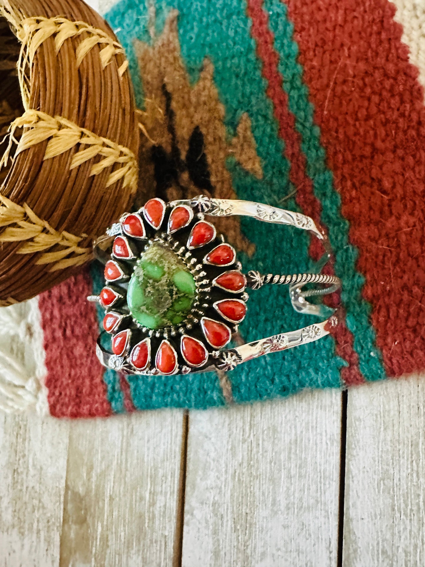 ** Christmas Collection ** Handmade Sterling Silver, Turquoise & Coral Cuff Bracelet Signed Nizhoni