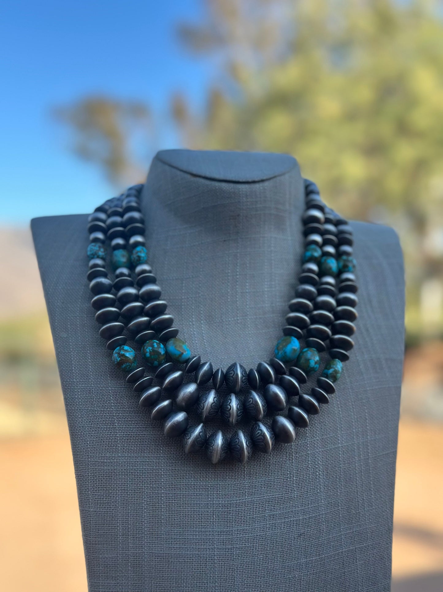 Rose Martin Sterling Silver & Kingman Turquoise Three Strand Navajo Necklace