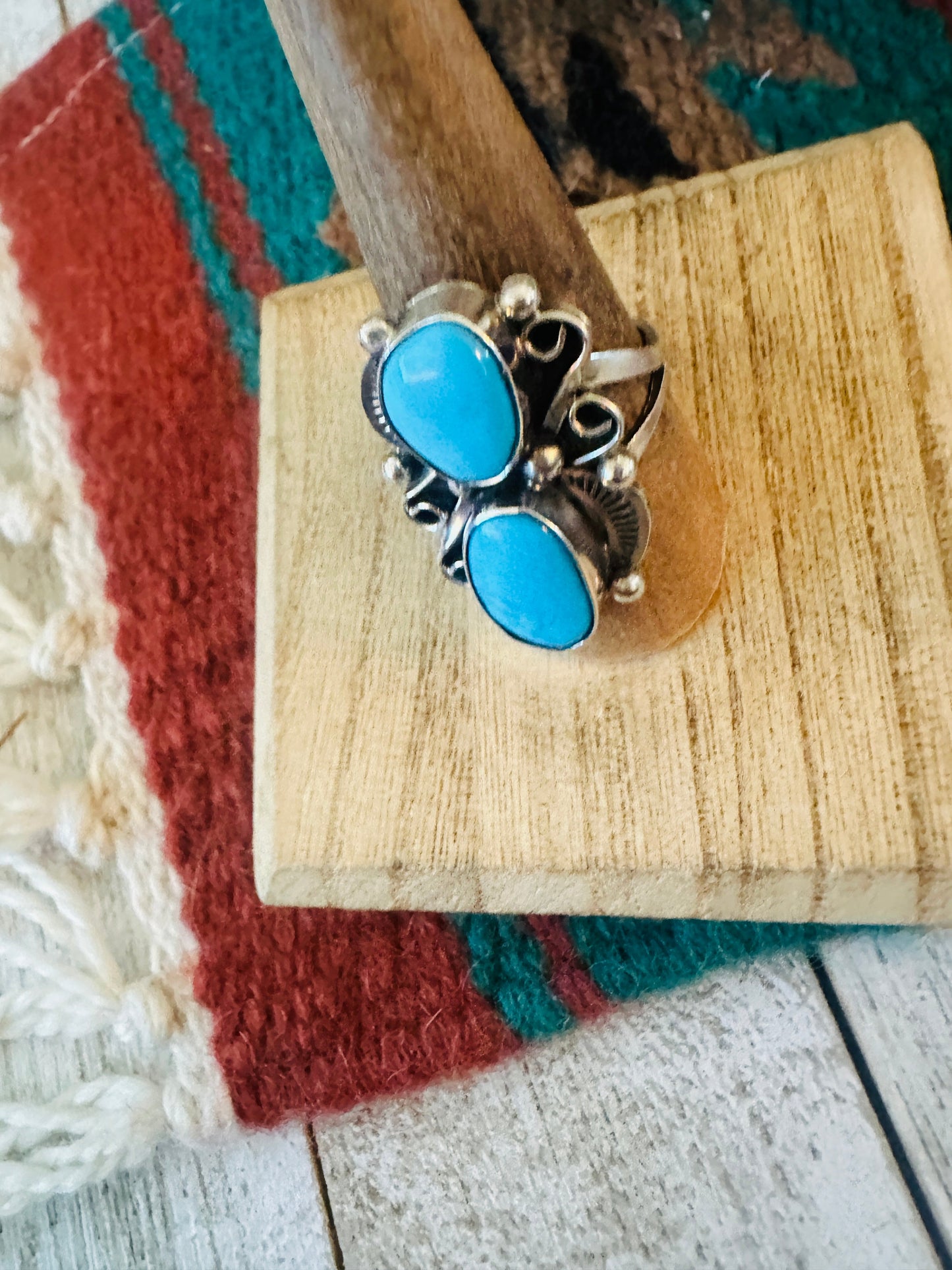 Navajo Turquoise & Sterling Silver Two Stone Ring Size 8.5