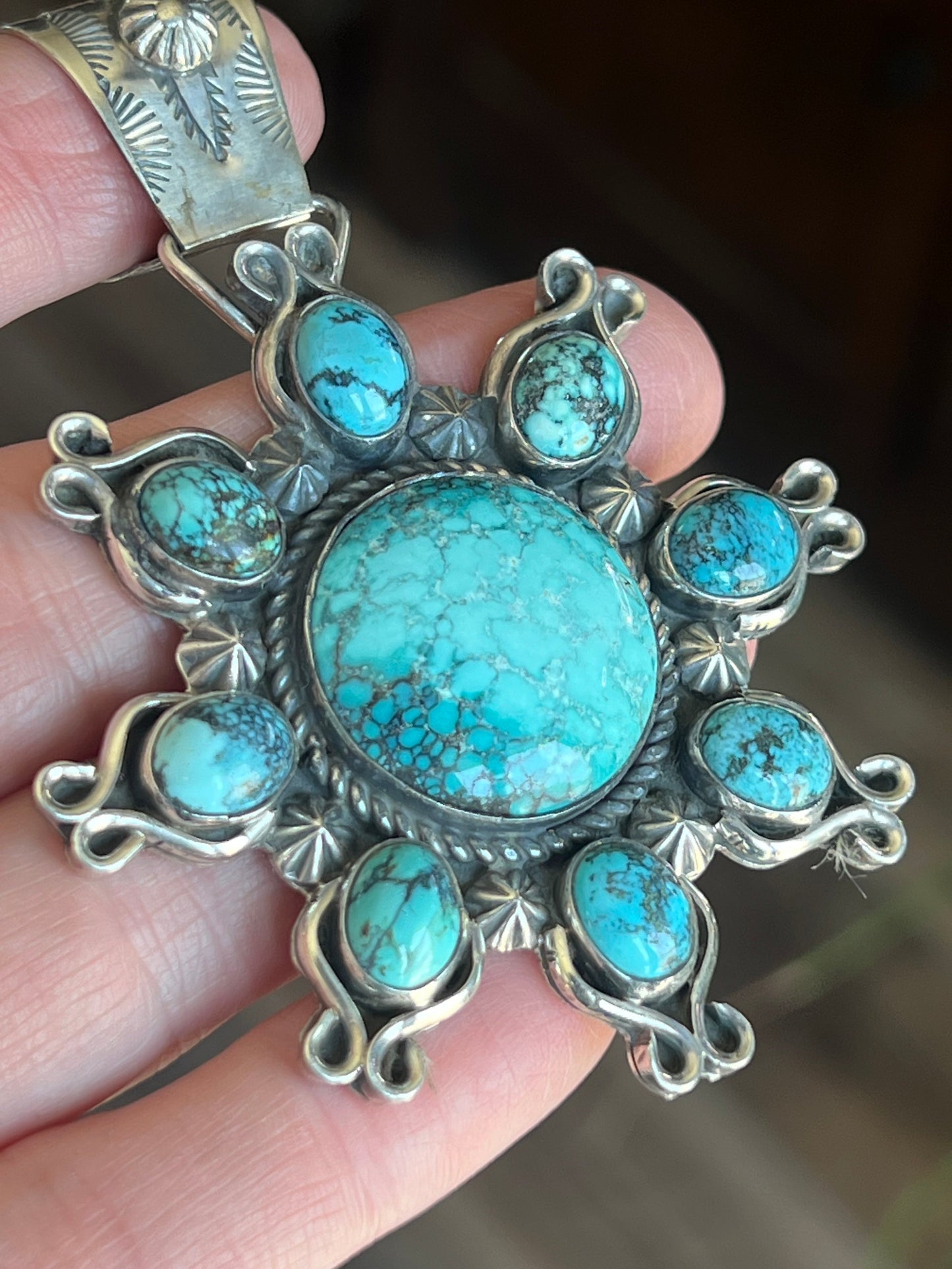 Apache Hubei Turquoise Sunburst Pendant by Rosella Paxson