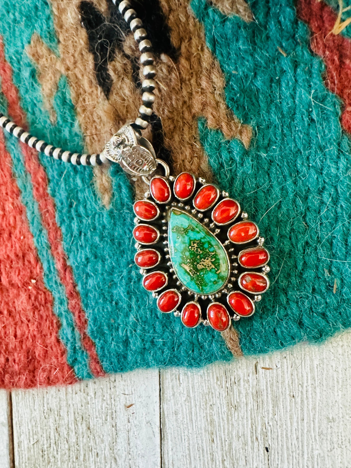** Christmas Collection ** Handmade Sterling Silver, Coral & Turquoise Cluster Pendant Signed Nizhoni