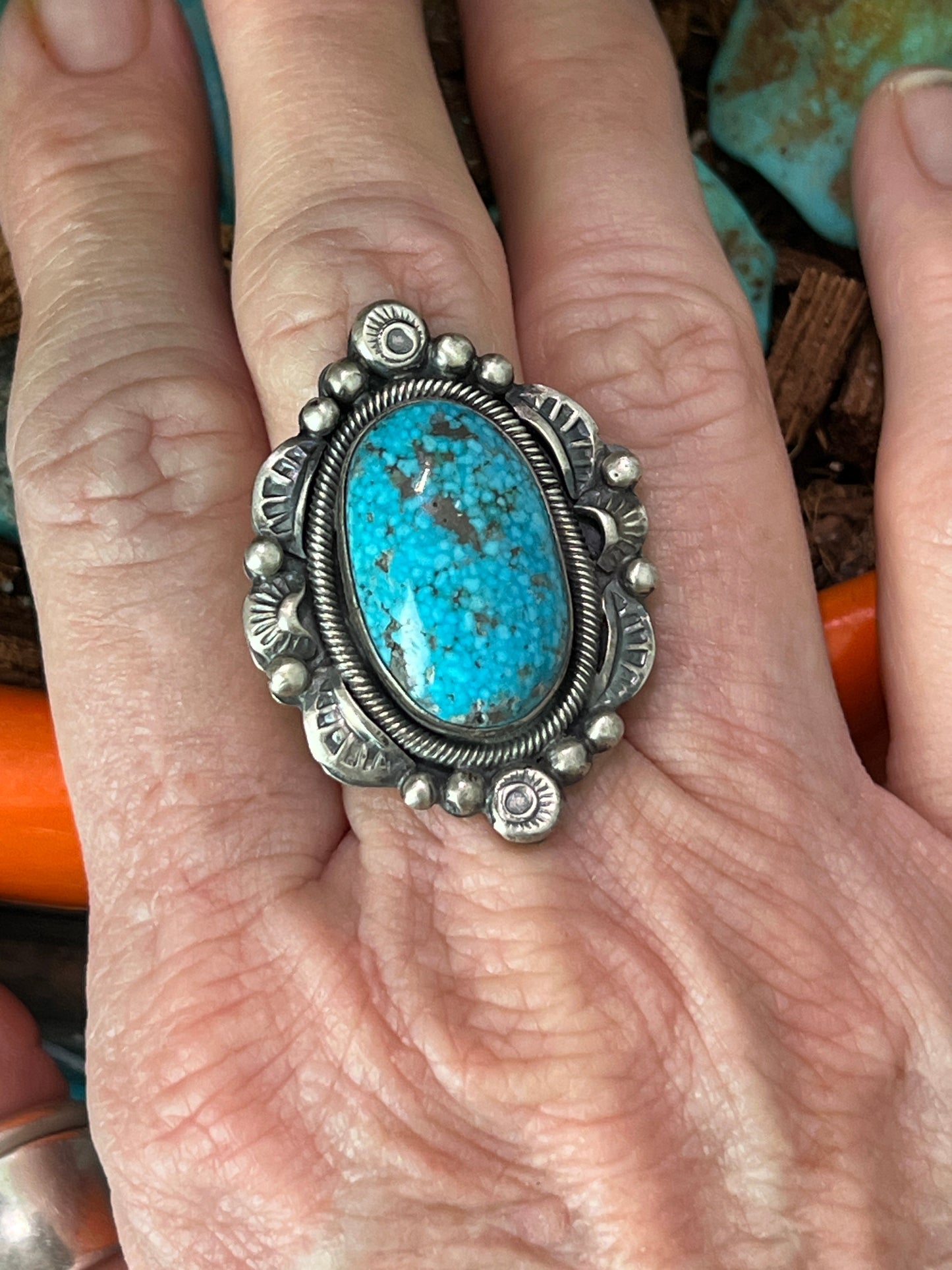 Navajo Sterling Silver and Natural Kingman Web Ring by Boyd Ashley, Size 8