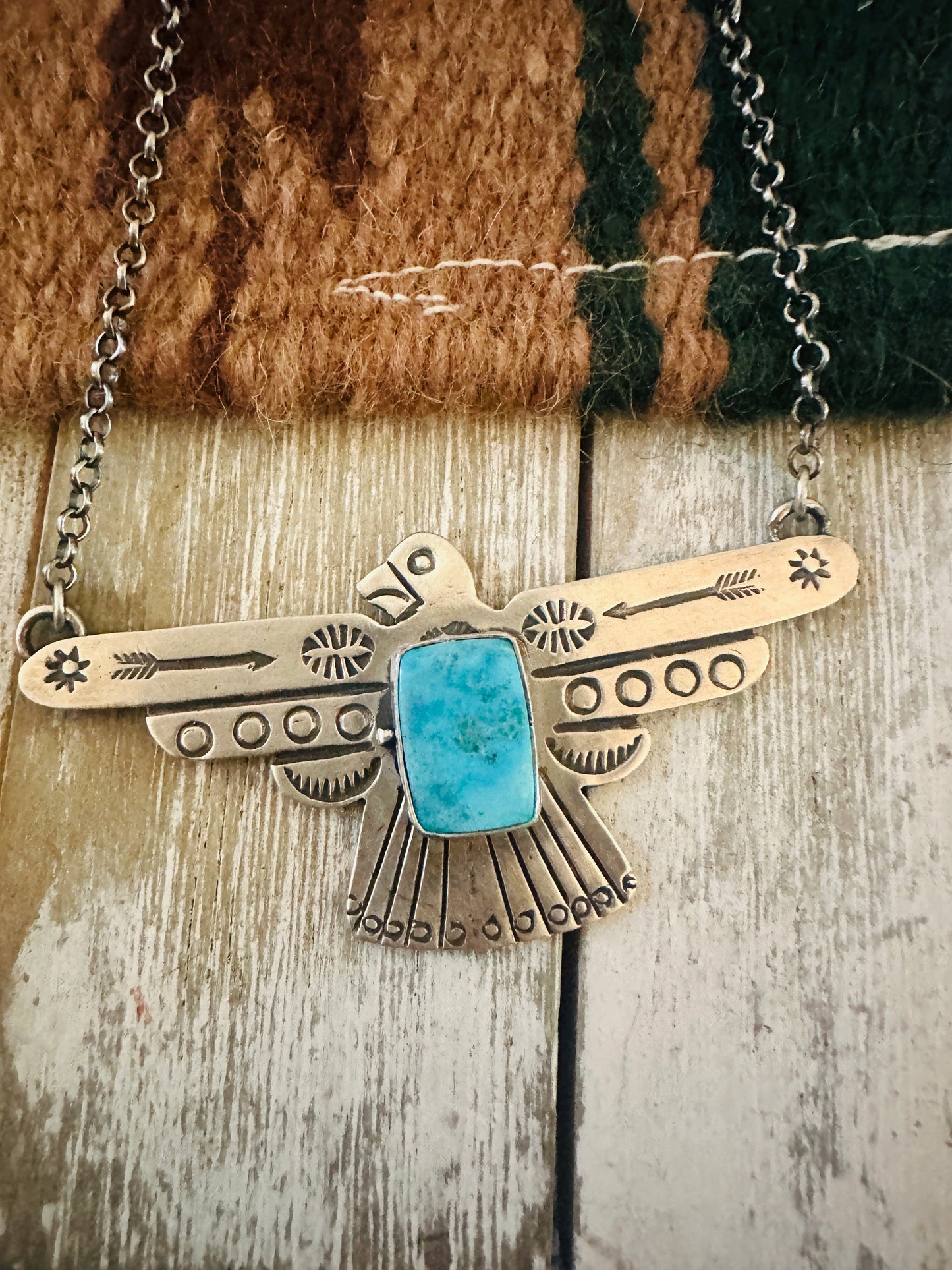 Navajo Turquoise & Sterling Silver Thunderbird Necklace by Russell Sam