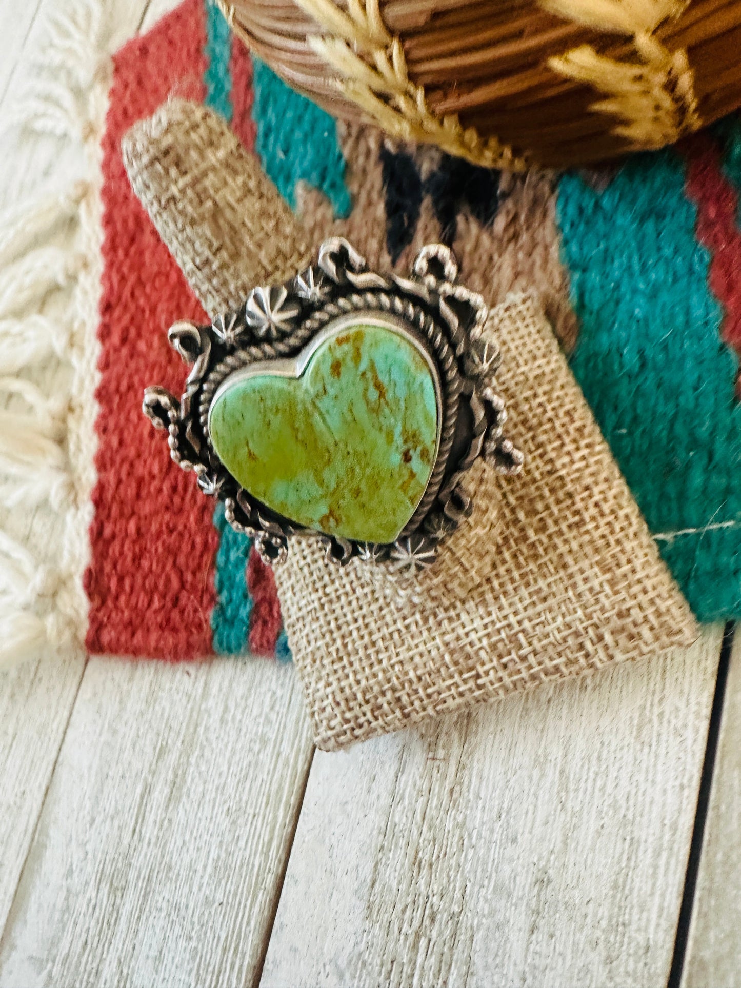 Apache Sterling Silver & Turquoise Heart Ring by Rosella Paxson, Size 9