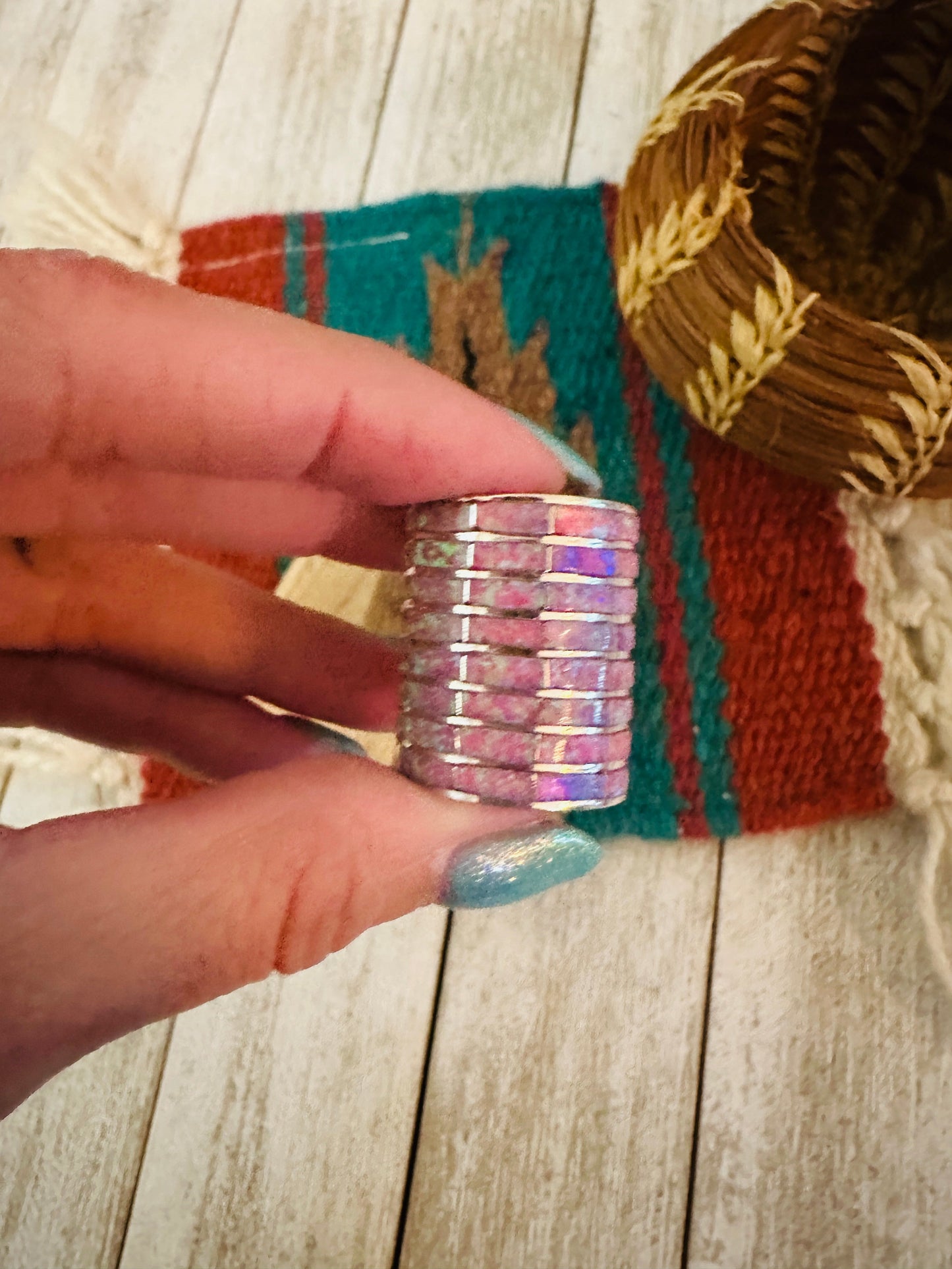 Zuni Sterling Silver & Pink Opal Inlay Band Ring
