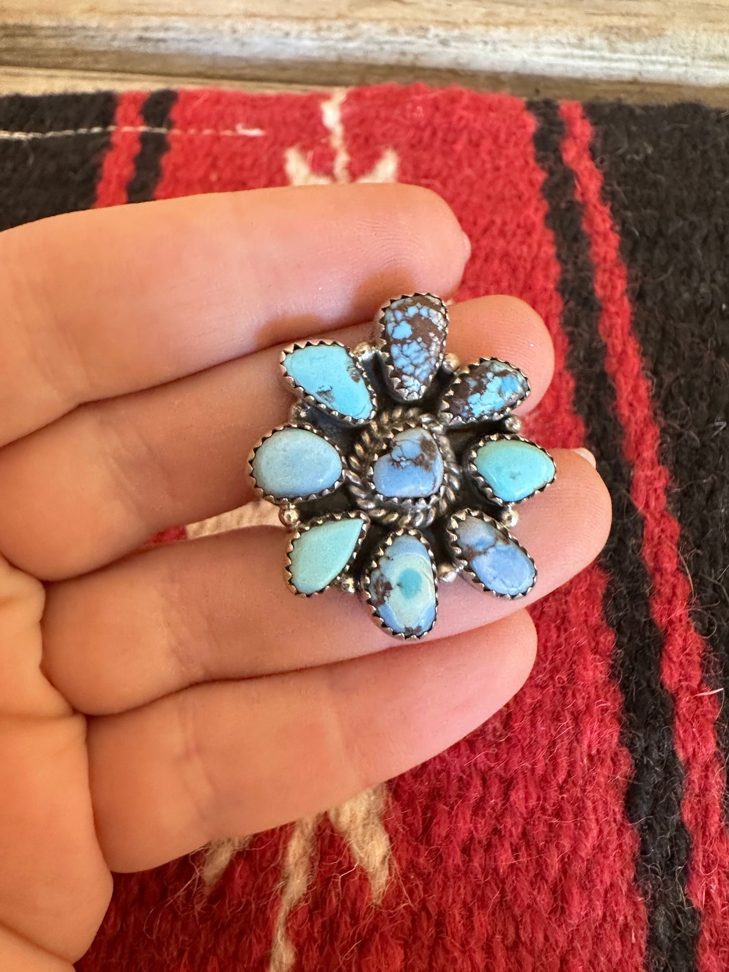 Handmade Golden Hills Turquoise And Sterling Silver Adjustable Cluster Ring