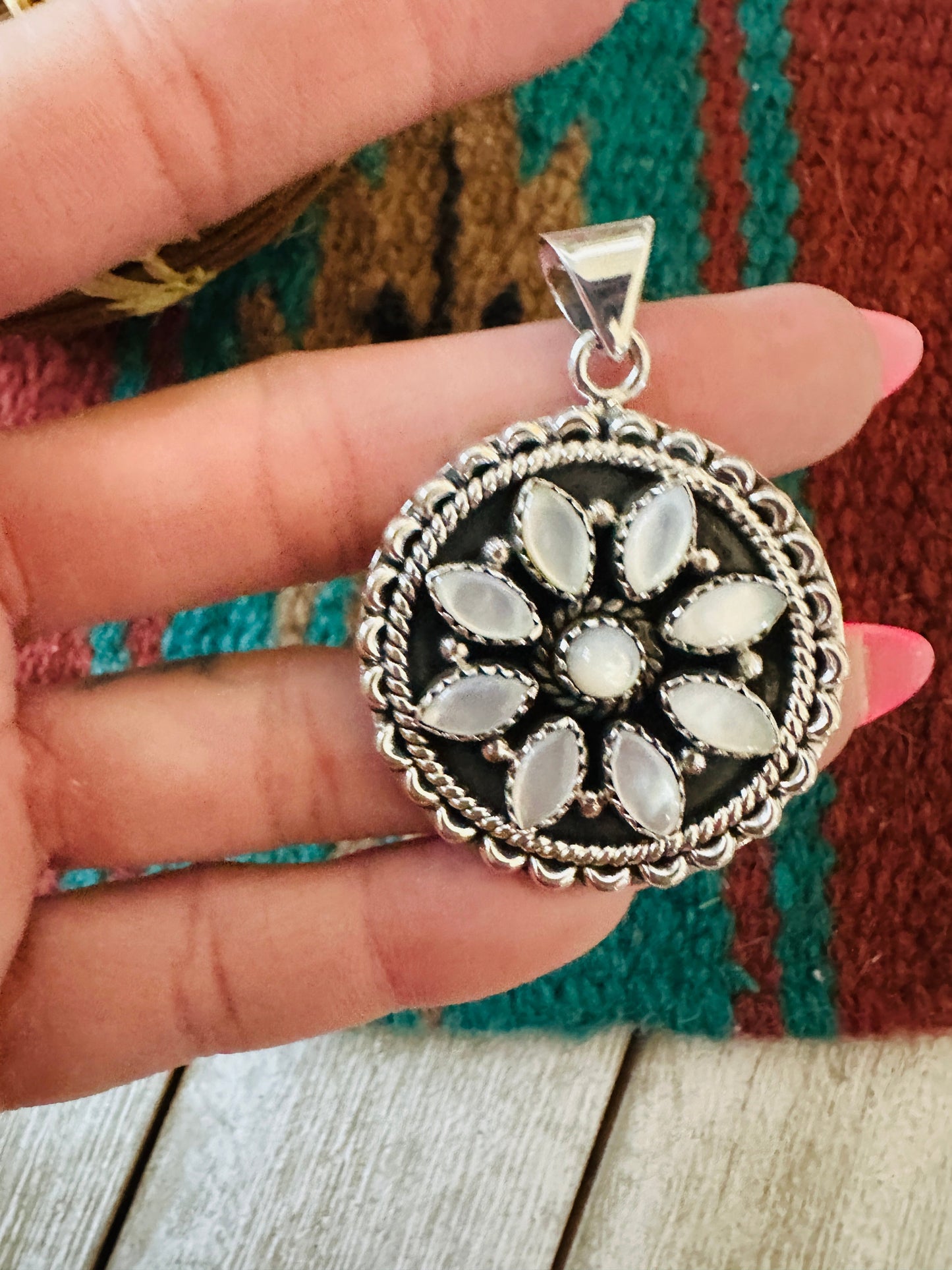 ** Christmas Collection ** Handmade Sterling Silver & Mother of Pearl Pendant Signed Nizhoni