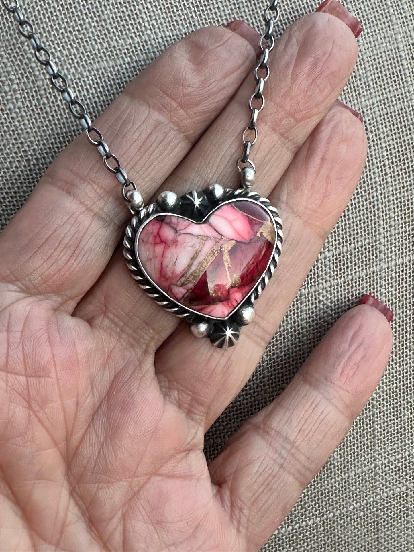 Navajo Rose Dahlia & Sterling Silver Heart Necklace