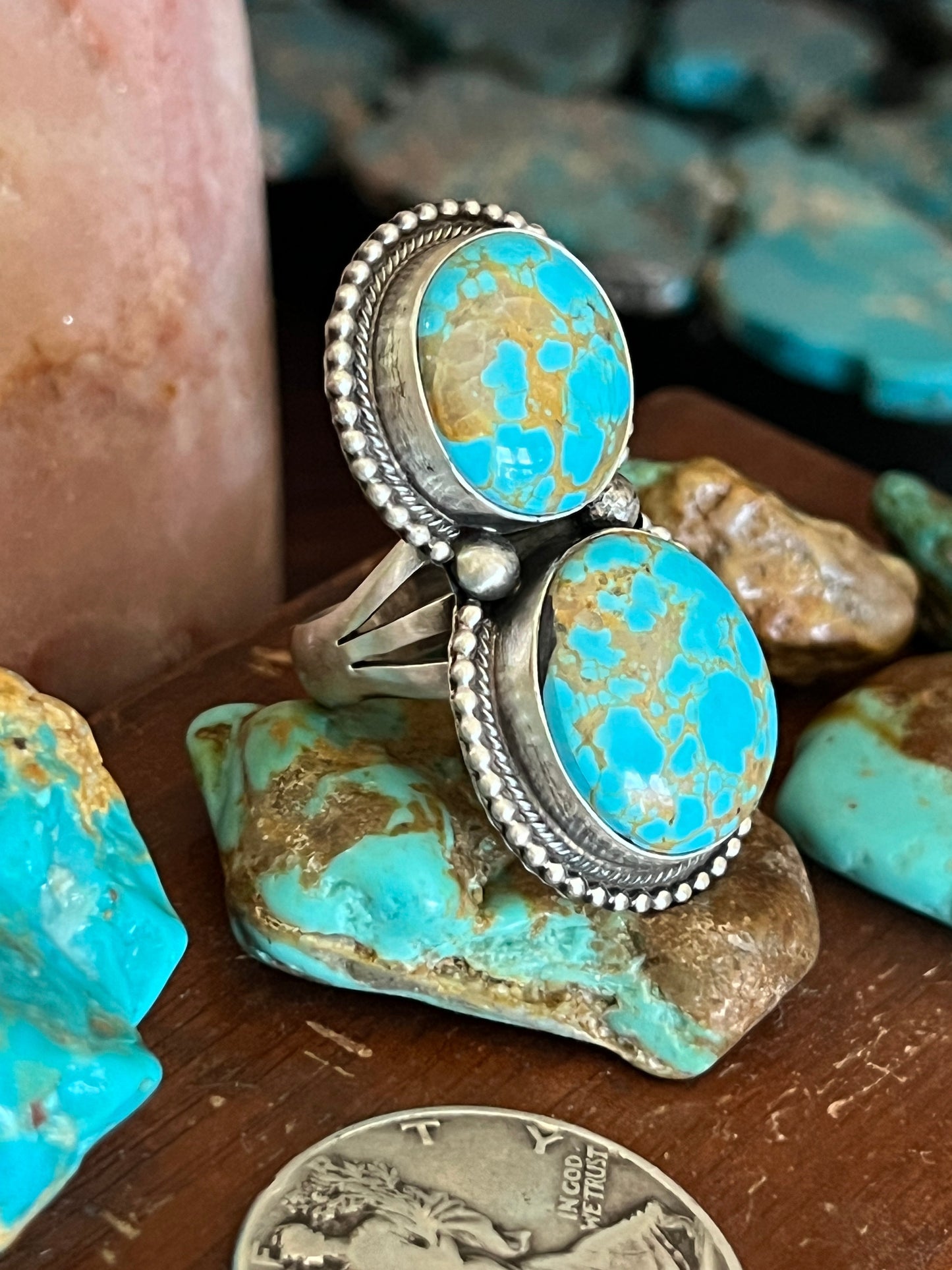 Navajo Sterling Silver and Number 8 Turquoise Ring by Darrin Livingston, Size 9