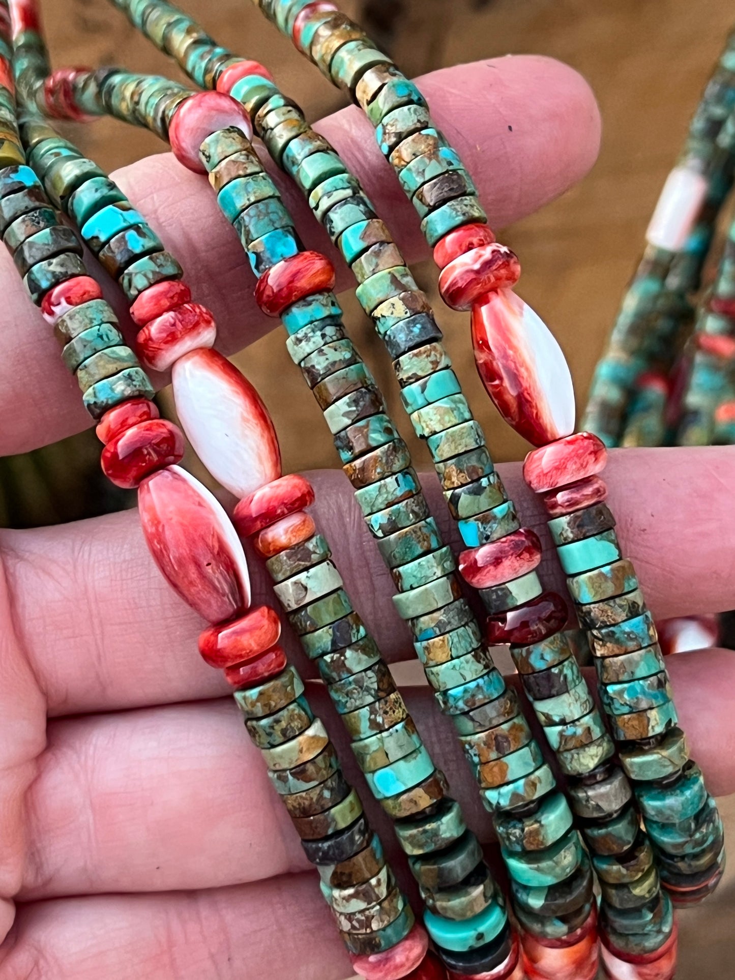 Stunning Navajo Made Five Strand Hubei Turquoise and Spiny Oyster Shell Beaded Necklace with Squaw Wrap