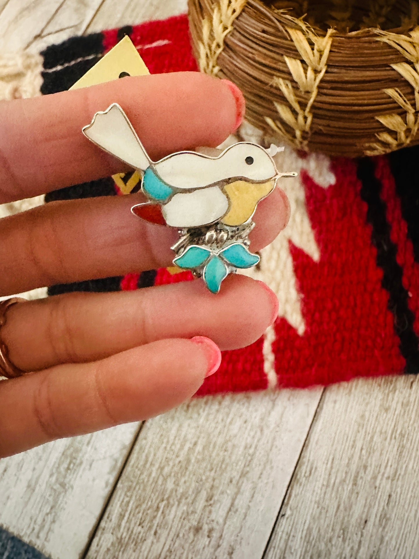 Vintage Old Pawn Zuni Multi Stone & Sterling Silver Inlay Bird Brooch/ Pendant