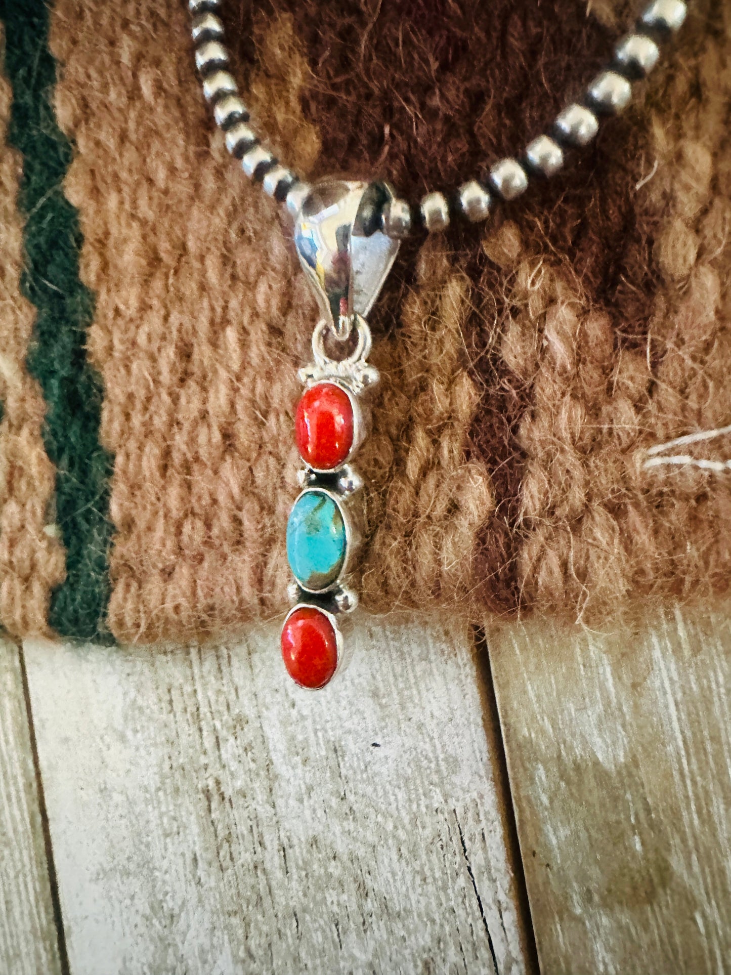 ** Christmas Collection ** Handmade Sterling Silver, Coral & Turquoise Pendant Signed Nizhoni