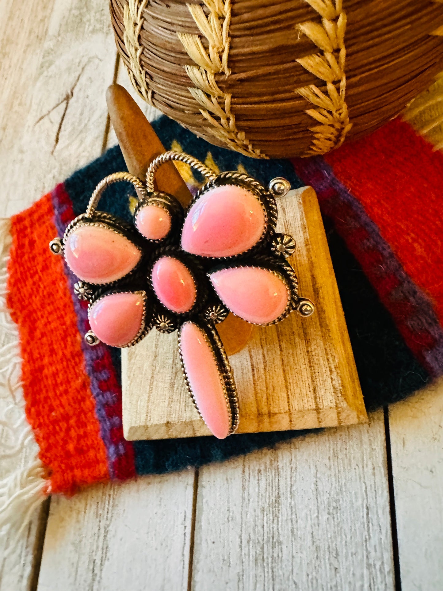 Navajo Sterling Silver and Queen Pink Conch Shell Dragonfly Adjustable Ring