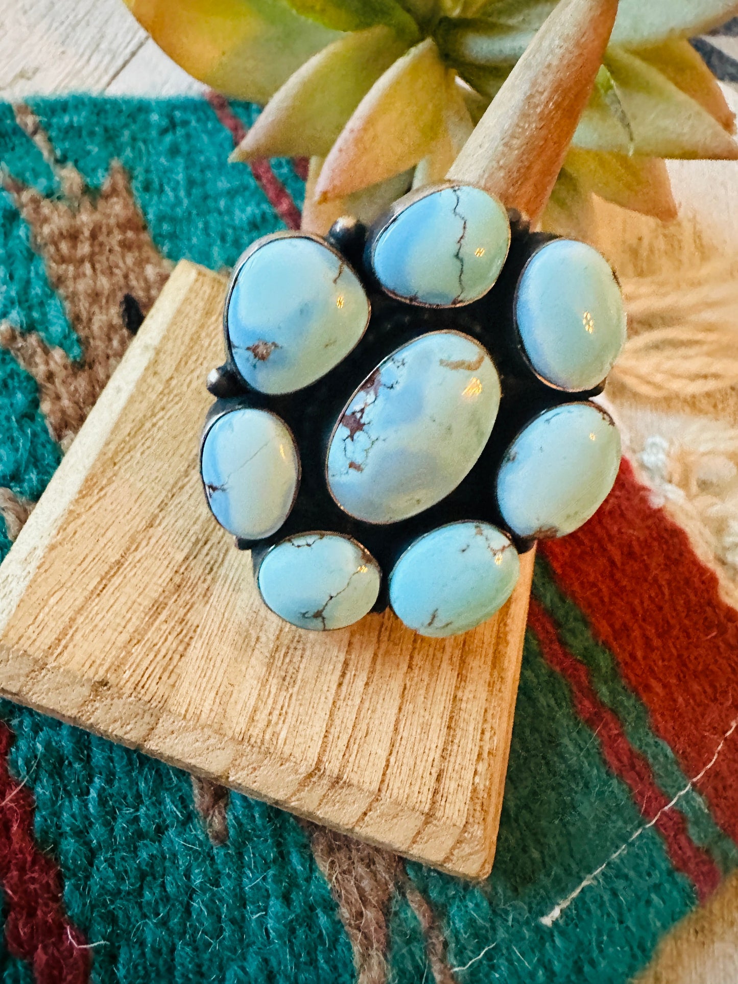 Navajo Golden Hills Turquoise & Sterling Silver Cluster Ring Size 7.5