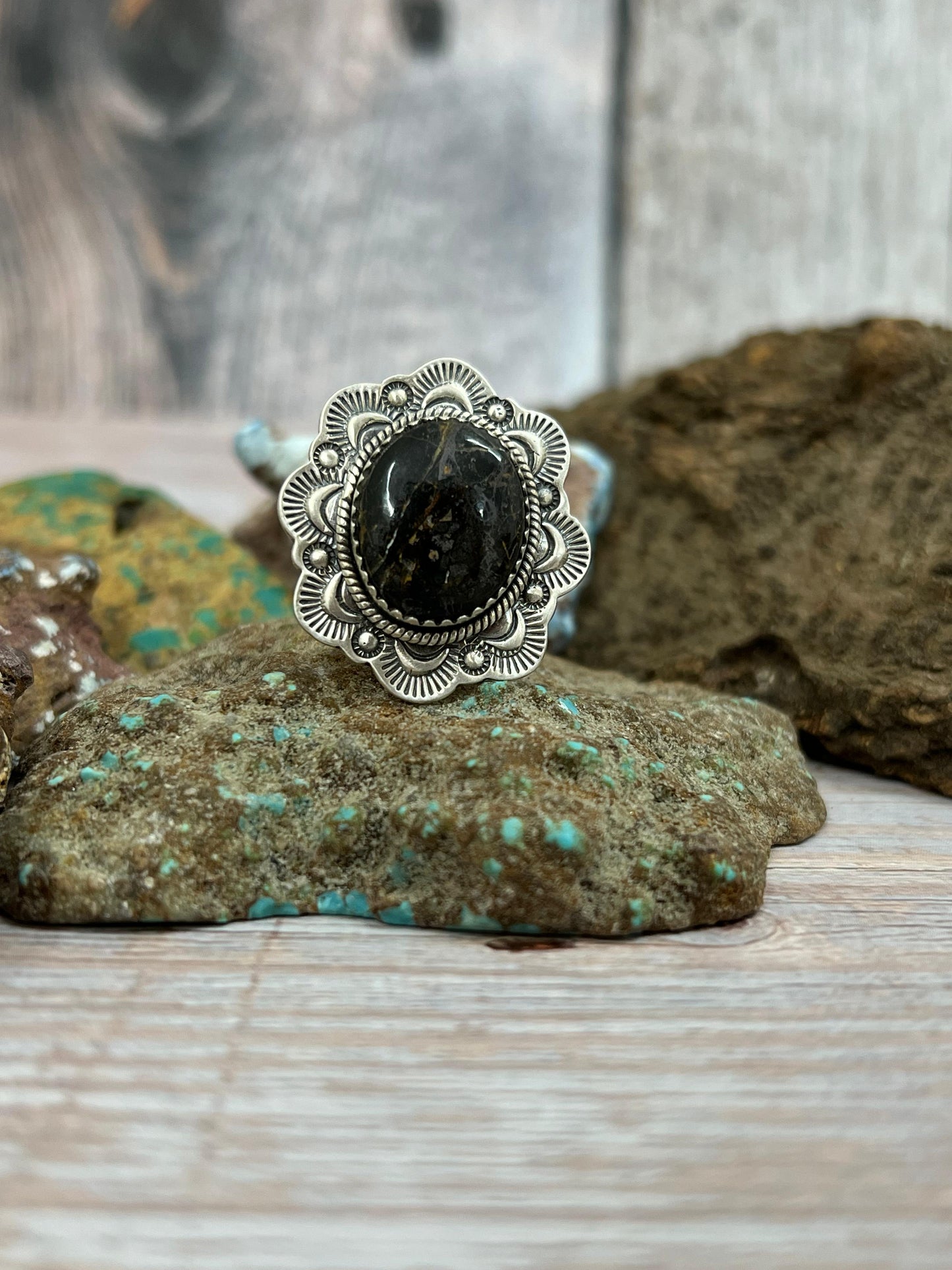 Handmade Sterling Silver Black Jack Adjustable Ring with Signed Nizhoni