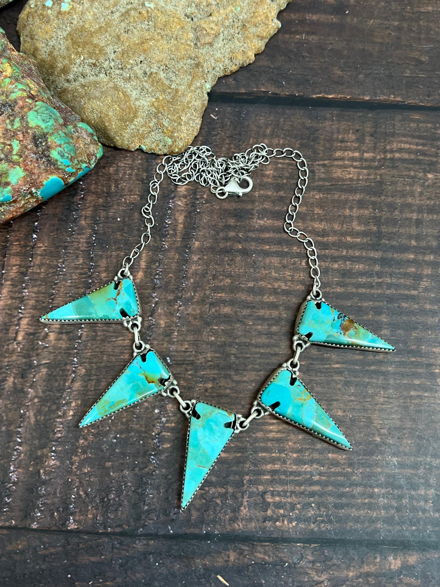 Handmade Sterling Silver Kingman Turquoise Necklace with Signed Nizhoni