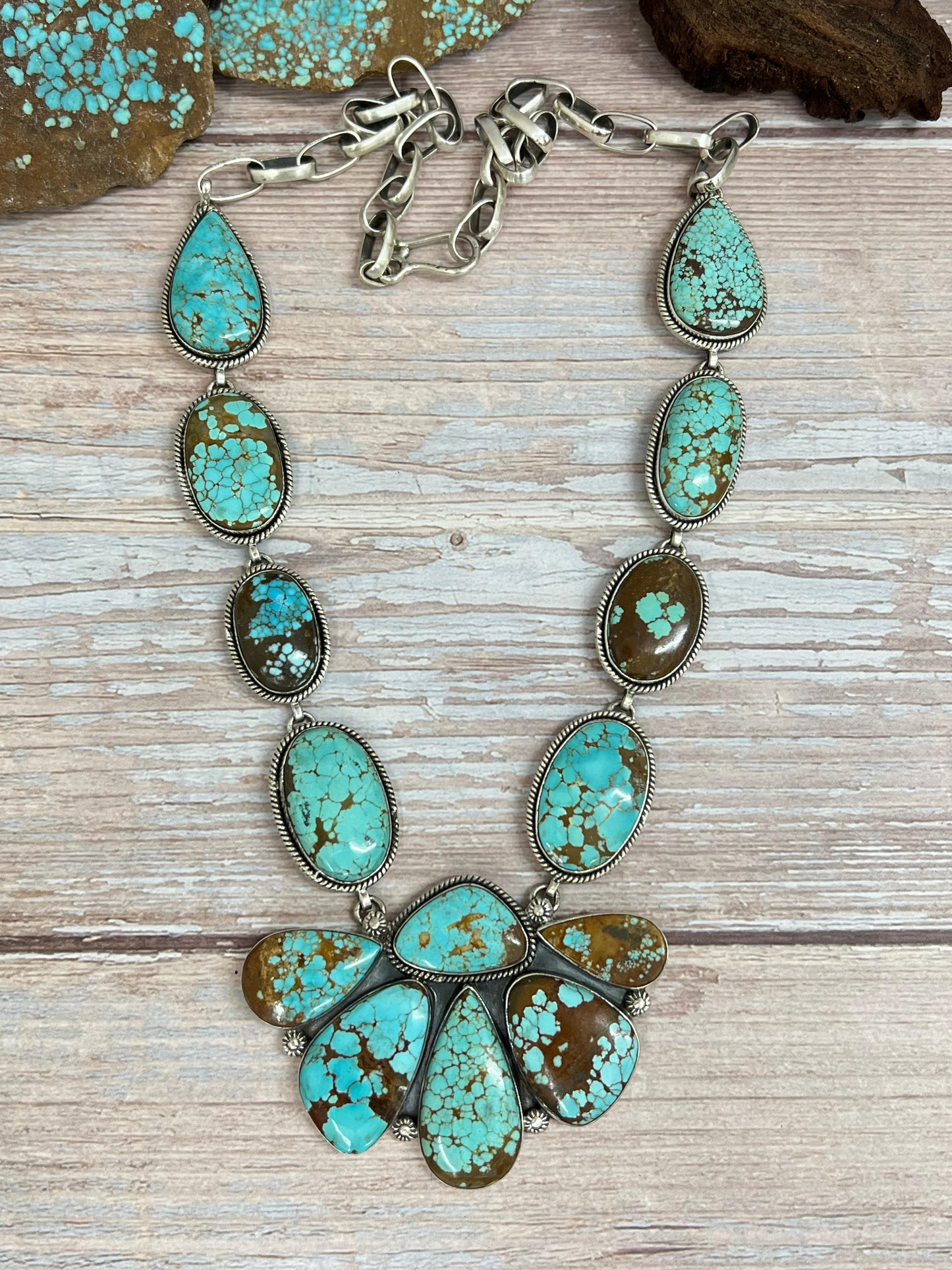 Handmade Sterling Silver Number 8 Turquoise Necklace with Signed Nizhoni